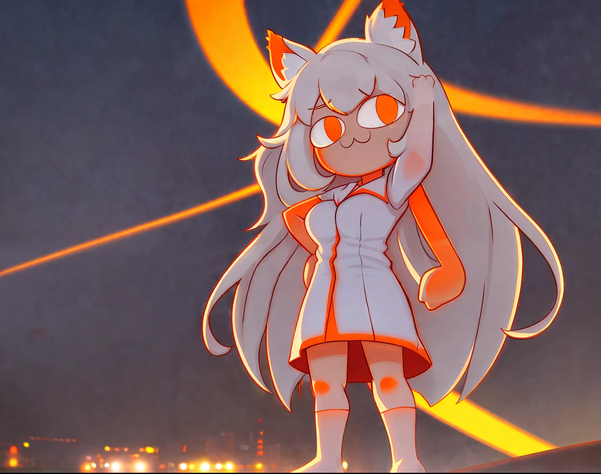 necoarc, dark hanekawa \(bakemonogatari\), masterpiece, original, :3, chibi, long hair, no shoes, best quality, full body, 1girl, catgirl, on all four \(pose\), slit pupils, white hair, yellow pupils, fully pale orange pajamas \(clothes\), large breasts, cute, whiskers, no headwear, very pale orange insides of ears, night tokyo background, cartoon, papaya whip skin color, night,