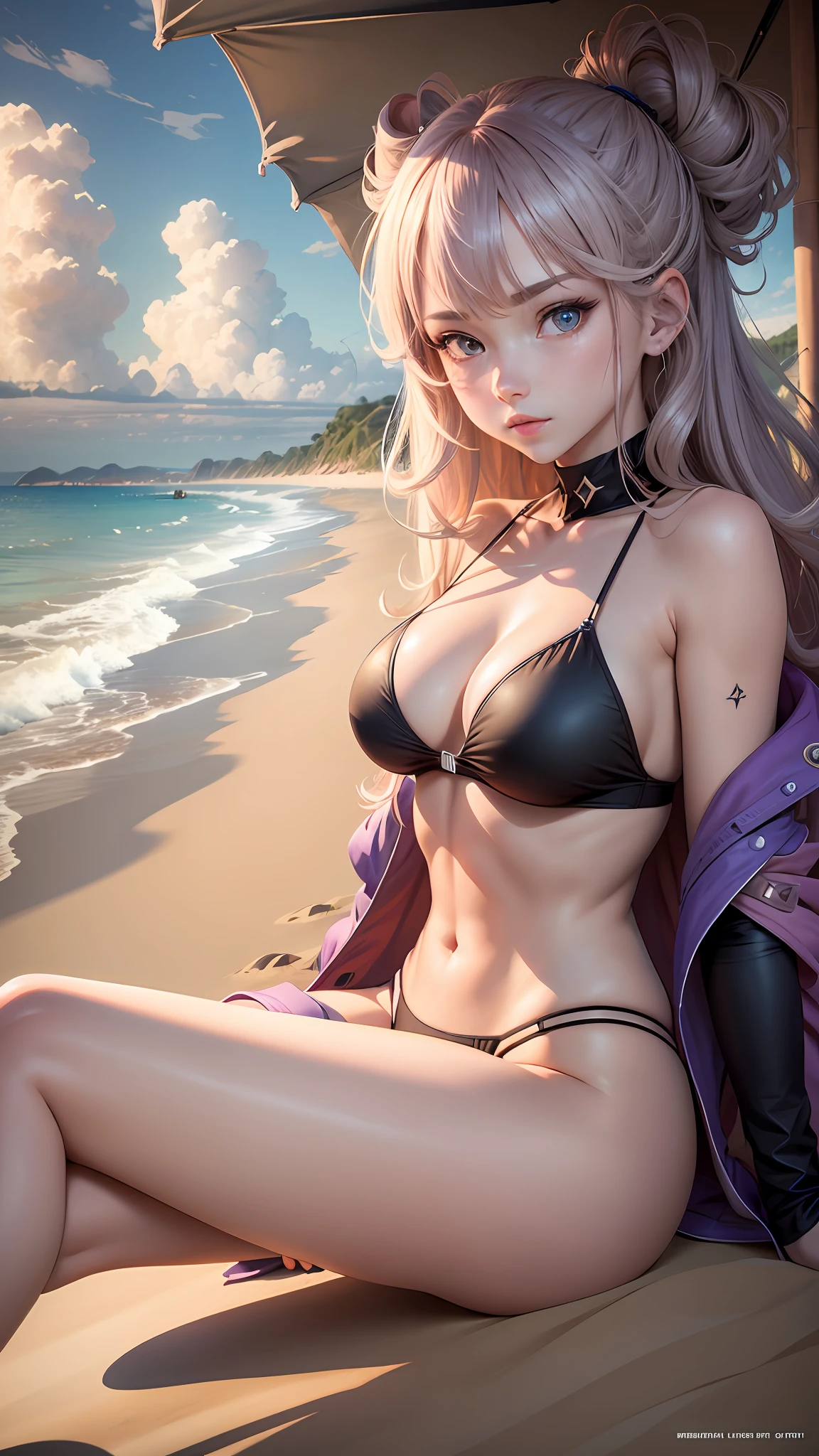 masterpiece,best quality,official art,extremely detailed CG unity 8k wallpaper, best quality, dusk, on the beach, girl, medium hair, gradient hair, heterochromia , medium breasts, bikini under clothes, bare legs, leg hold, eye_contact,