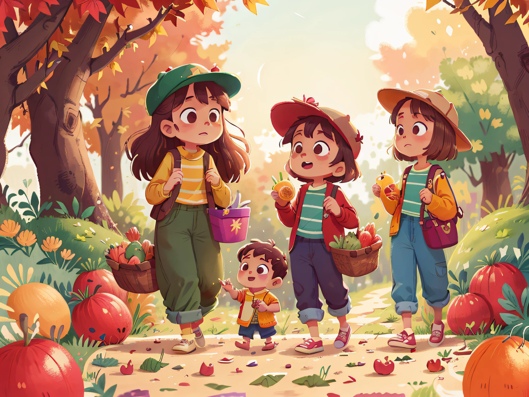 One autumn afternoon, the "Pillipillias" went to the market with Mom. They helped choose fresh fruits and vegetables, learning about healthy eating and the importance of a balanced diet.