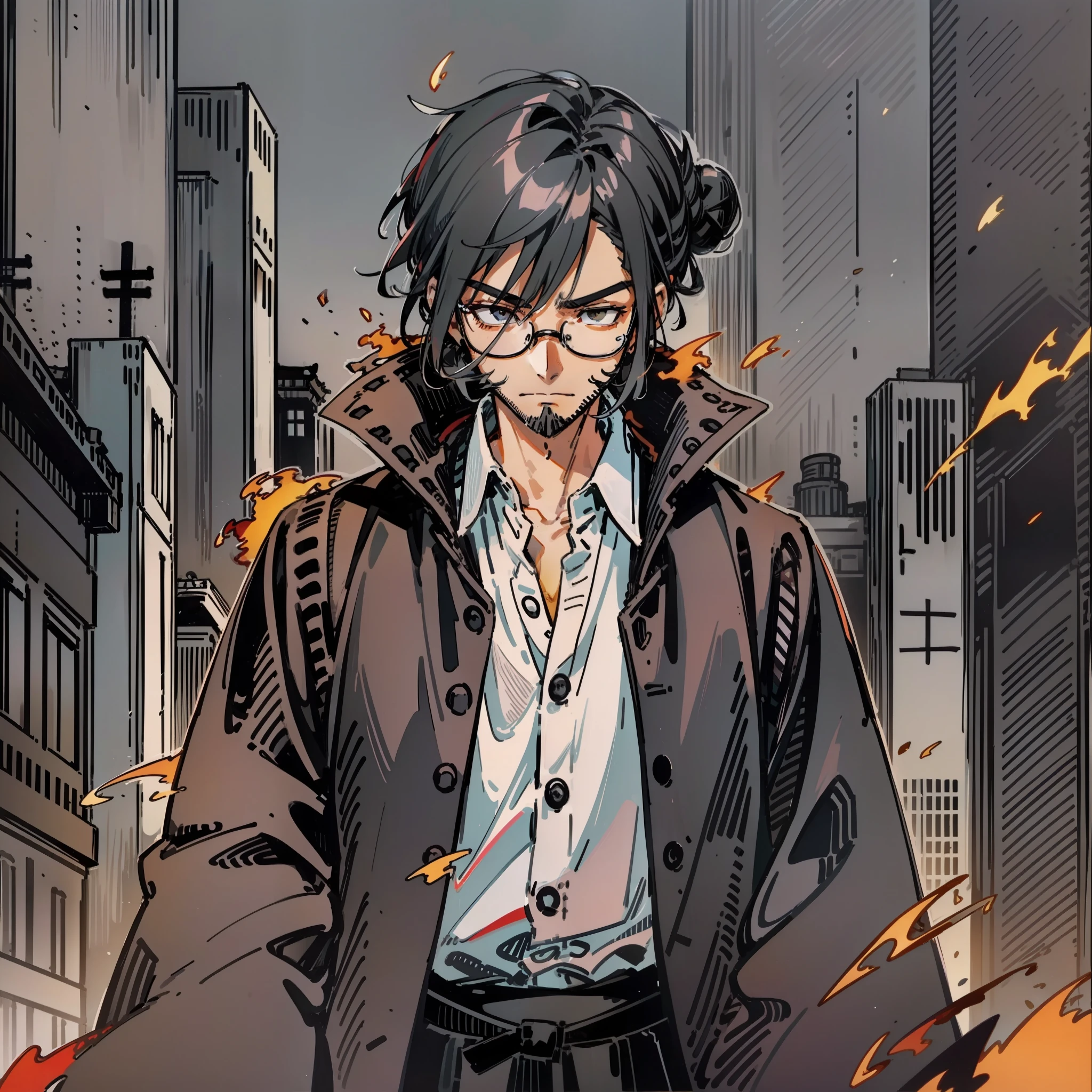 A japanese man with long, black hair tied behind his head in a bun. He has dark grey eyes, and wears a black cloak with a white-button up shirt underneath. He has black-framed glasses. He's standing in front of a city on fire, with a calm expression on his face. Has a short-shaven beard. The buildings behind him are made of bronze and steel.