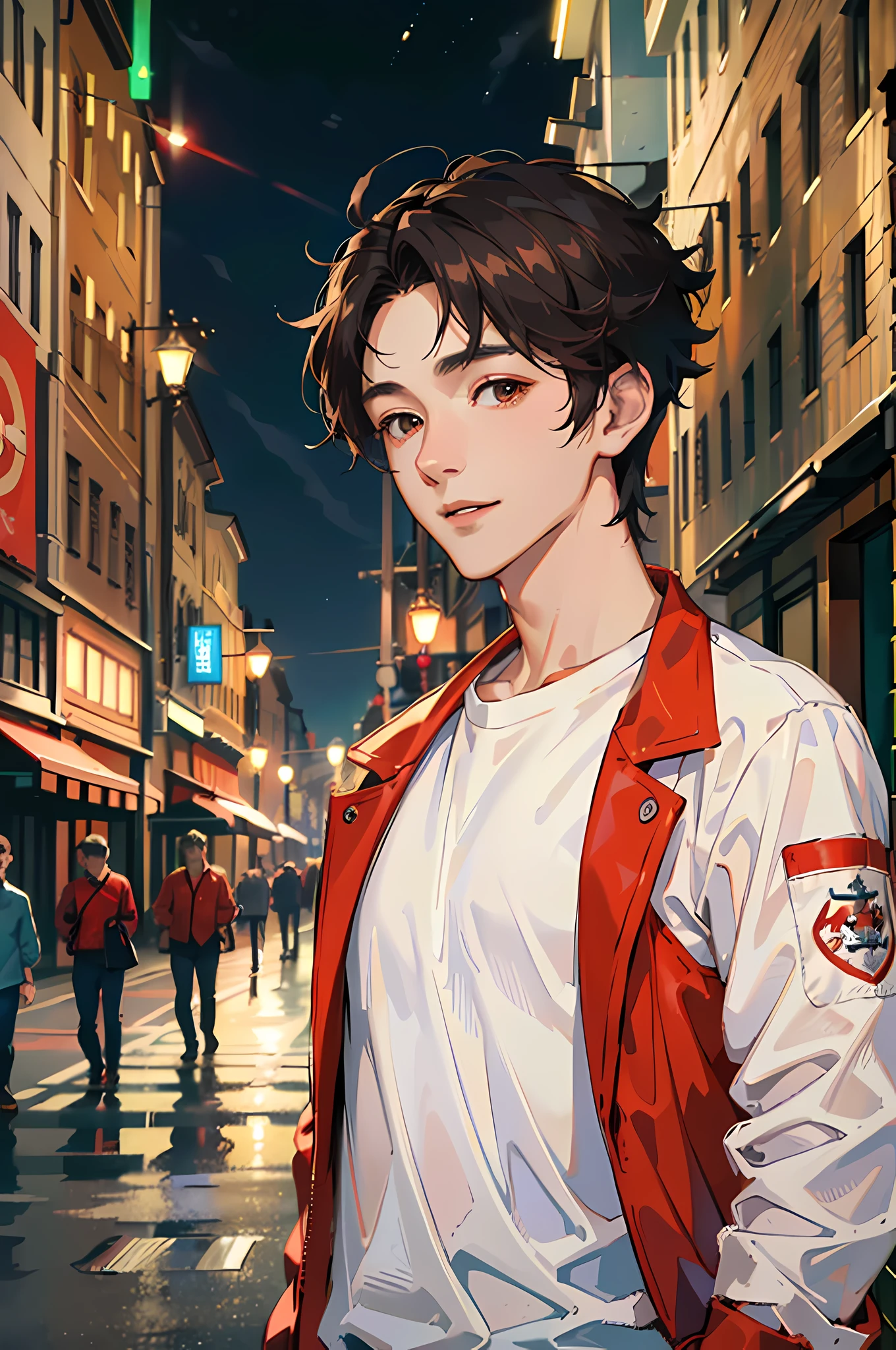 (absurdres, highres, ultra detailed, HDR), masterpiece, best quality, 1boy, handsome, short hair, finely eye and detailed face, (white t-shirt), (red jacket), dimple, night street, night city, midnight, selfie shot, light smile