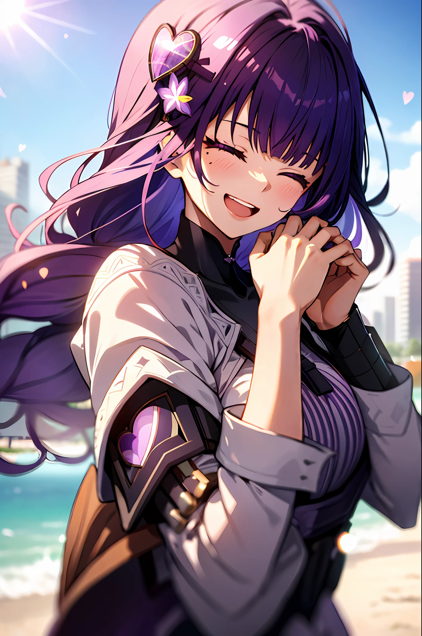 an girl, upper body, (sunglasses:1.1), (huge Laughing:1.1), (open mouth:1.1), closed eyes, sun glare, bokeh, depth of field, blurry background, light particles, strong wind, (heart particles:1.2), raiden shougn, purple hair, purple eyes