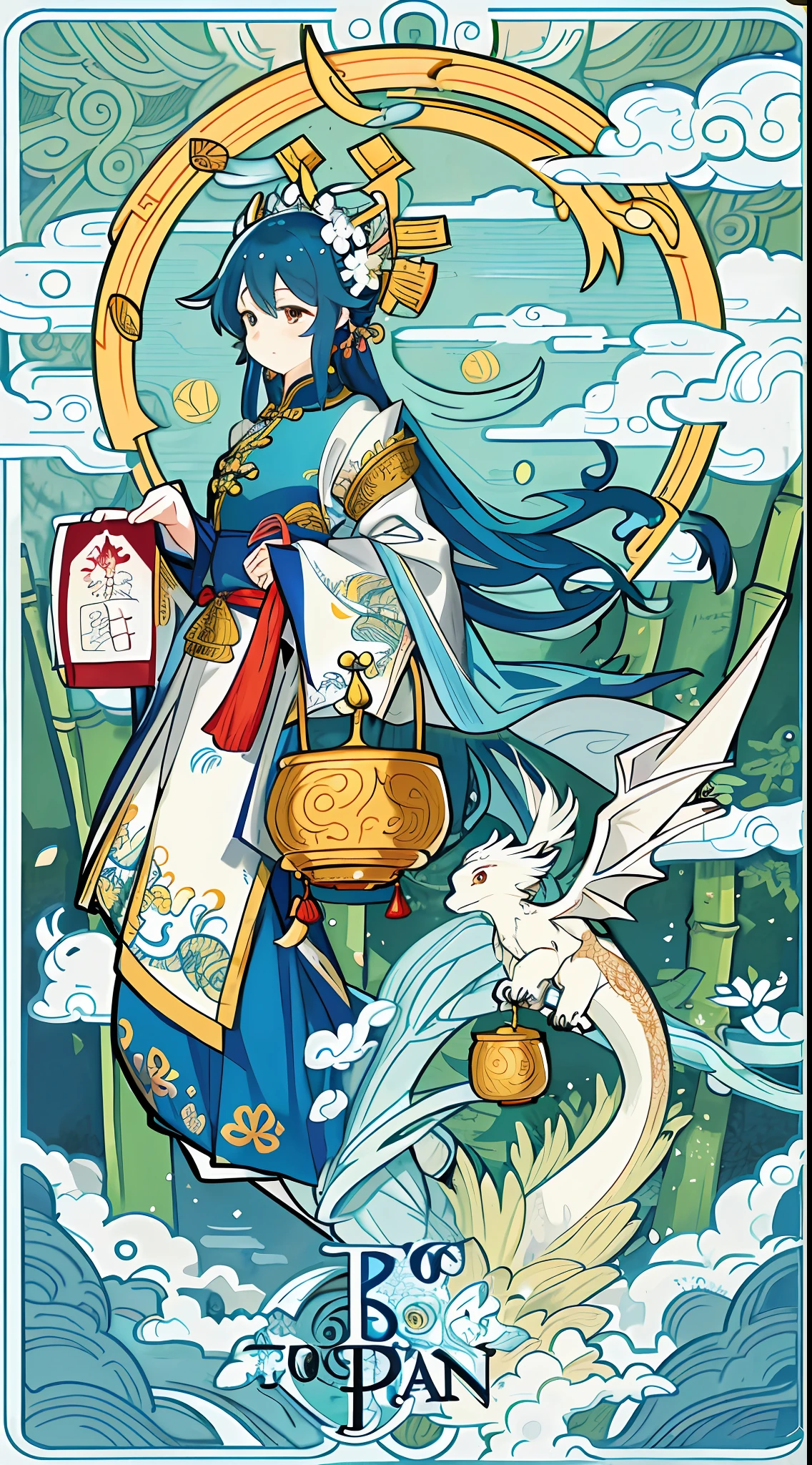 I'm going to draw a poster about the Dragon Boat Festival, The poster shows a tranquil natural scene。In a green bamboo forest,There is an ancient temple。There is a large garland in front of the temple gate,It is covered with five-colored silk。The temple is surrounded by a calm lake,Reflecting the blue sky and clouds。There are people flying dragons on the shore of the lake,Dragons soar through the air,Adding mystery and vibrancy to the whole scene。The artistic style is traditional Chinese painting,Use ink and silk brushes,Presents a serene and elegant atmosphere,--ar 16:9 --v 5。