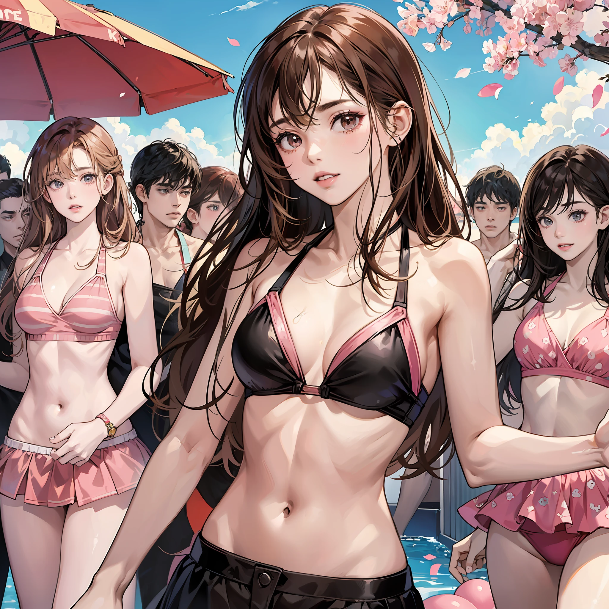 {{age female, caucasian, hundreds of girls, thousands of girls, multiple girls, many girls, only girls, crowd shot}}, looking at viewer, hazel eyes, extremely detailed, brown hair, blonde hair, red hair, black hair, ((pink bikinis, matching bikinis, identical bikinis)), pool, pool party, crowd of girls, girls partying, happy, best quality, high quality, extremely detailed anime screencap