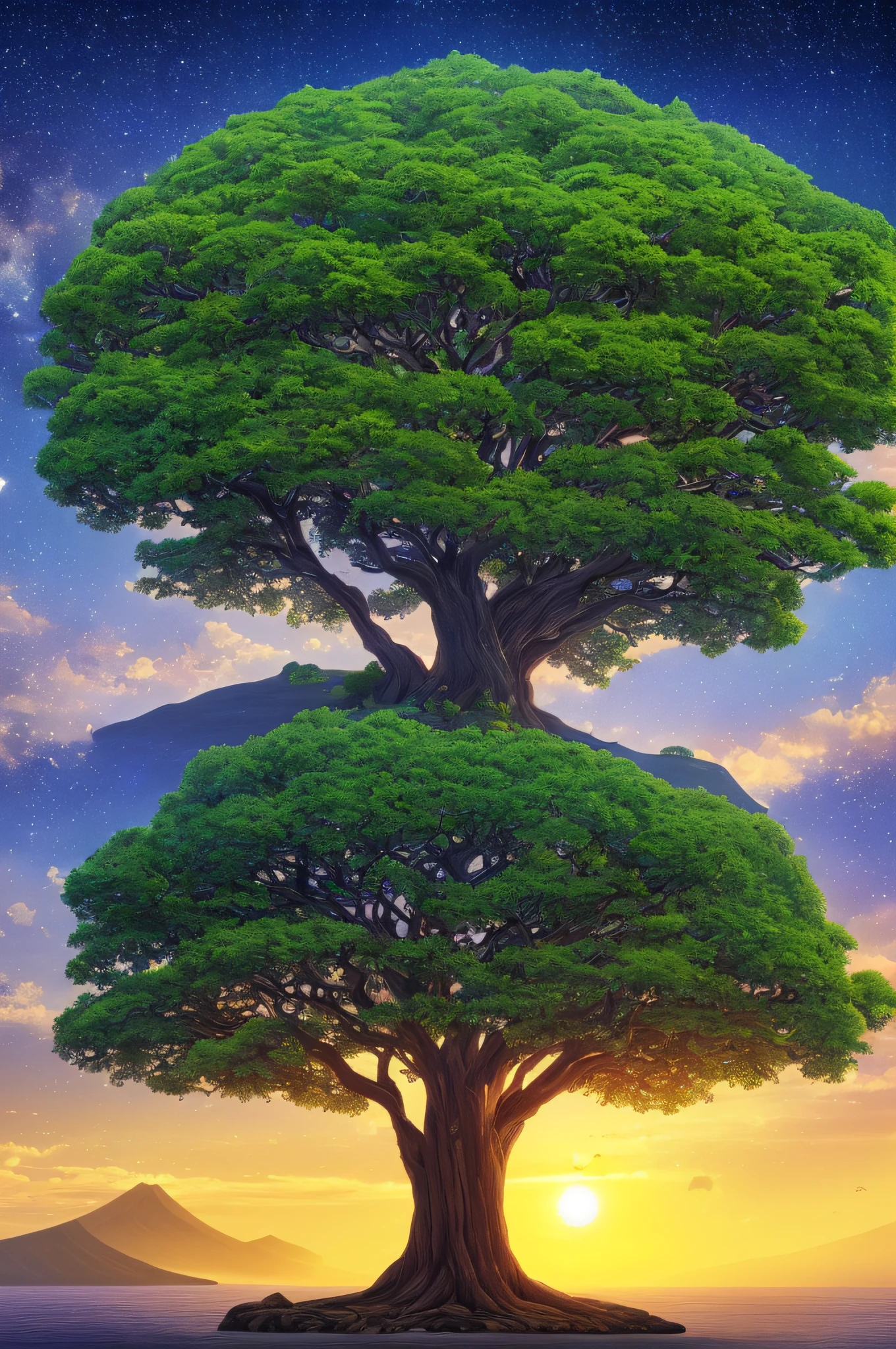 masterpiece, best quality, high quality,extremely detailed CG unity 8k wallpaper,Floating island, (((large tree in the center of the island))), (((tree of life))), (((mythological tree))), tree with a blue trunk that glows, golden tree leaves and magic, (((big island))),Dark mountains, broken island with another island that has a mountain, background of stars with dynamic light by the Sun