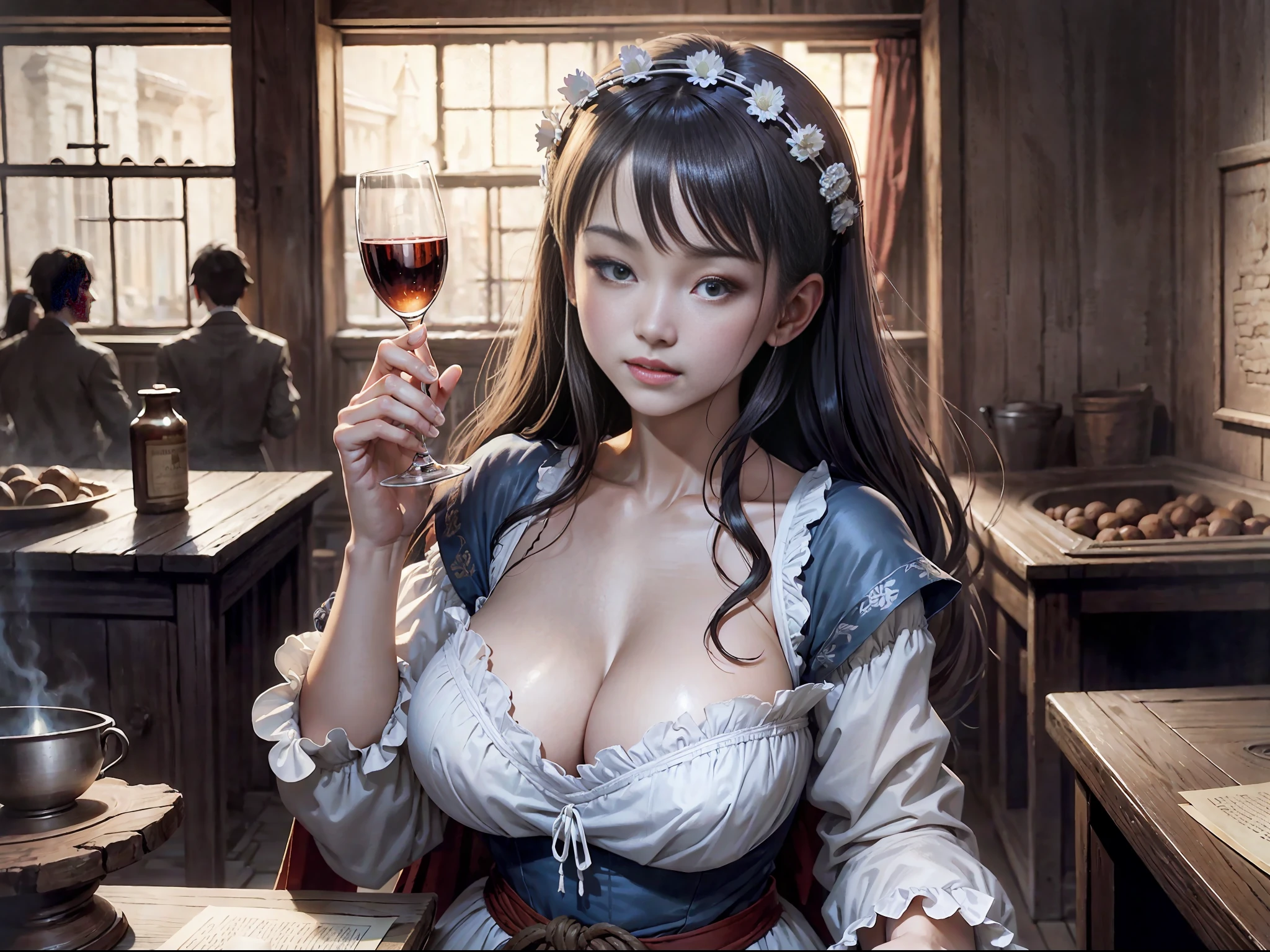 ink line art style ,art by Kim Jung Gi, Inside an old tavern in medieval England,Petite and beautiful tavern girl,Giant breasts, narrow waist, medieval long dress,Half chest exposed,Holding a wooden wine glass and laughing with a group of male guests,Candle light and shadow,Cinematic lighting,Soft focus effect,Detailed and complex background, Baroque style,Renaissance art ,realistic, Track focus,Fill light, Welcoming atmosphere,Place is dirty,confusion,
