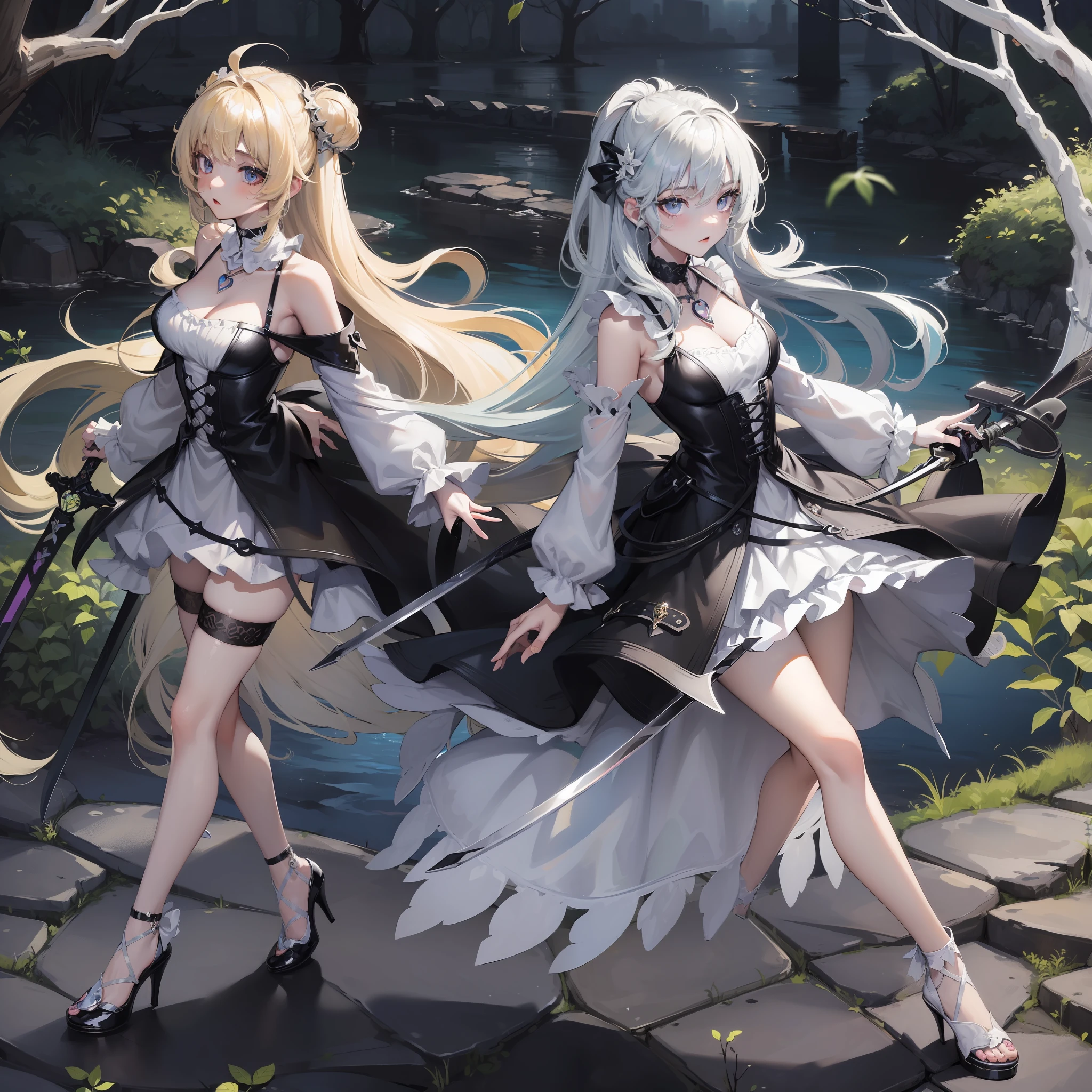 (masterpiece, best quality:1.2), 1girl, solo, (kawaii, cute young teenager:1.4), digital art, magic circle, long hair, ahoge, platinum blonde hair, (colored inner hair:1.2), finely detailed eyes, grimace, lonely expression, sweat, frilly dress, black color scheme, high heels, white gloves, heart-shaped necklace, hair ornament, (holding sword:1.2), huge fallen angel wings, (huge black wings:1.2), trees, moss, moonlight filtering through leaves, fallen leaves, bushes, rocks, river, bridge, night clouds, starry sky, windy, leaves rustling,