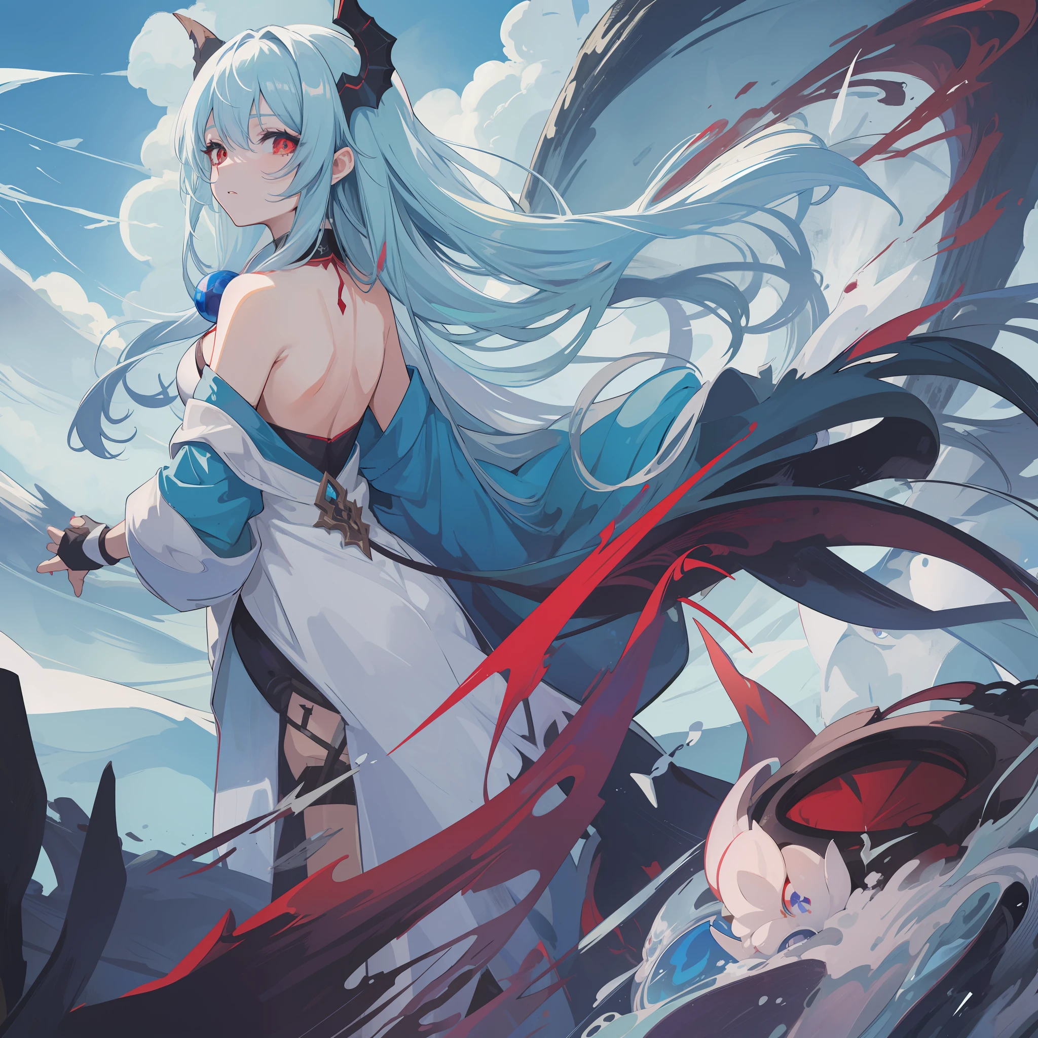 A blue flowing hair girl, red eyes, have dragon horn and deadly dragon white sharp pupils, wear alchemist robe.