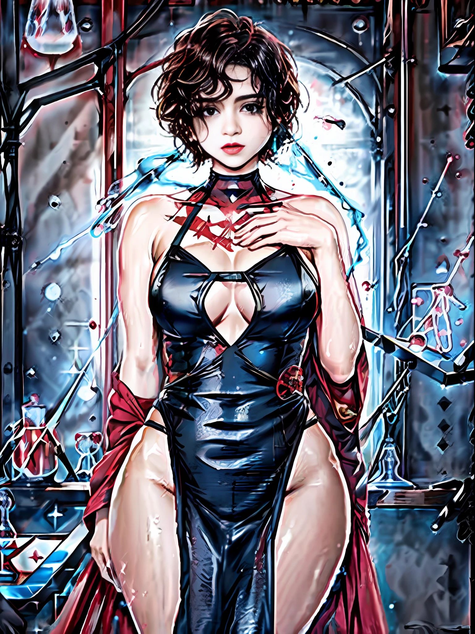 (Highest clothing details)(National Science Foundation:1.66),Almost the entire side of the bare breast can be seen,Hyper-clear photos, highest detailed, Physical calculation of clothes, Marvel movie lens texture。Positive perspective,Verism, reflection light,Moist high-gloss clothes and body,Gigantic breast,Very thin waist,Photo of Supergirl wearing Supergirl costume,A red cloak is draped over his back,morena,with short hair,tan skin,MAKEUP,dark lips,Detailed skin,Detailed eyes,Depth of field,8 of them one by one K Ultra HD,dslr,dim lighting,High Quality,Film grain,(National Science Foundation:1.8),Clothes wet with water)(Completely transparent plastic top)morena:1.8,(Wet rain,Rain wet,wet body:1.7),Super detailed face,detailed lips,Detailed eyes,Double eyelidd,Sexy low-necked dress,Open neckline,Hanging breasts,The sides of the breast can be seen,visible curve,pool party,pool side,Transparent clothes, Muscle-turning legs((Facing the audience,Stroke the side of your chest with both hands)),(Sagging huge breasts,Attractive body:1.8)