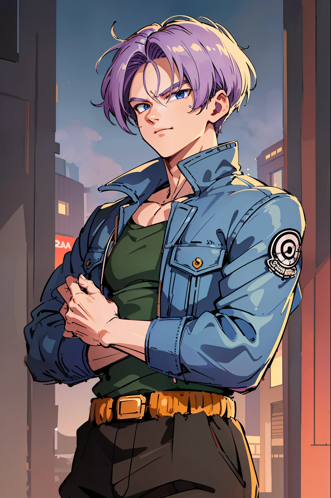 ((highest quality, masterpiece, 4k, finely detailed, detailed eyes, detailed face, intricate details)), ((solo)), male focus, 1boy, trunks \(dragon ball\), smirking, closed mouth, looking at viewer, crossed arms, purple hair, blue eyes, jacket, shirt, pants, sword