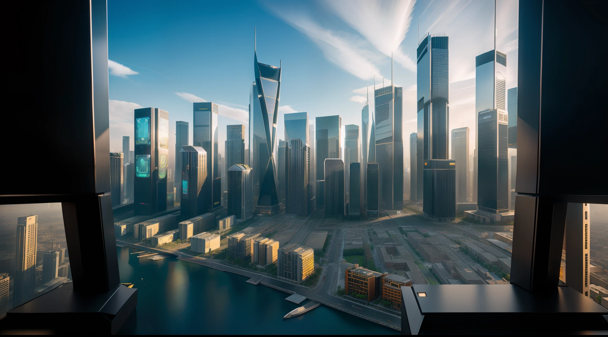 Bustling cityscape with solarpunk architecture and advanced technology, vibrante, fotorrealista, realista, dramatic, cinematic lighting, sharp focus, 8k