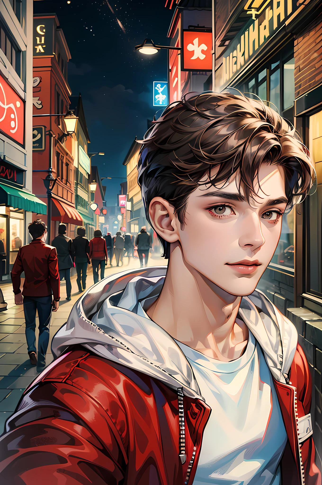 (absurdres, highres, ultra detailed, HDR), masterpiece, best quality, 1boy, handsome, short hair, dark brown hair, brown eye, finely eye and detailed face, (white t-shirt), (red jacket), dimple, night street, night city, midnight, selfie shot, light smile