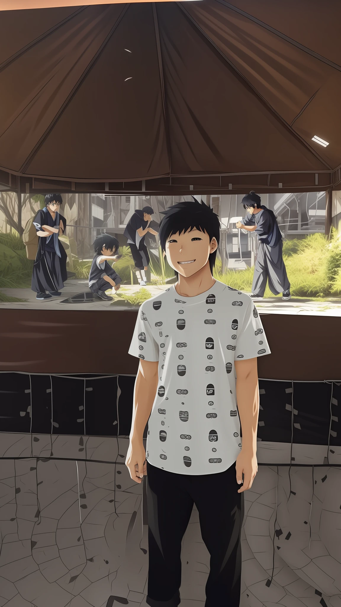 Japanese boy with black t-shirt, com um pequeno sorriso, realistic animation style anime