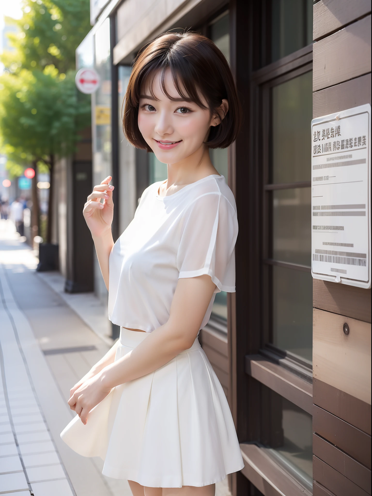 realistness，photo of-realistic：1.37），Beautiful girl，Cute white cake skirt，Short hair and delicate face，On the streets during the day，full-bodyphoto，Greet with a smile