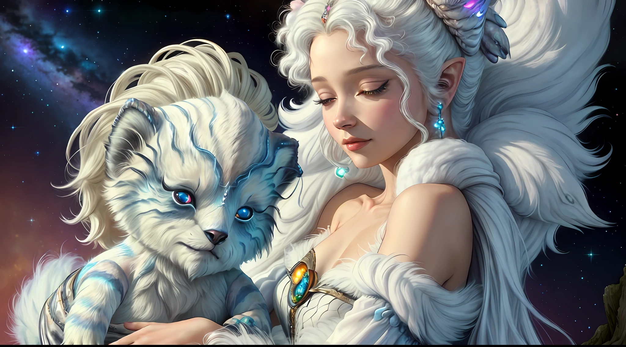 breathtaking masterpiece, best quality, highest quality, highly detailed, exquisite, award winning 8K digital painting of an ethereal and (incredibly beautiful female alien:1.4) with luminescent body parts that shimmer like stardust (lying gracefully on a steep cliff:1.2), casting a watchful gaze over (the galaxy:1.33), (a fluffy creature rests on her shoulder:1.8), intricate details, golden ratio, BaroqueAI, v0id3nergy, by Louis Royo