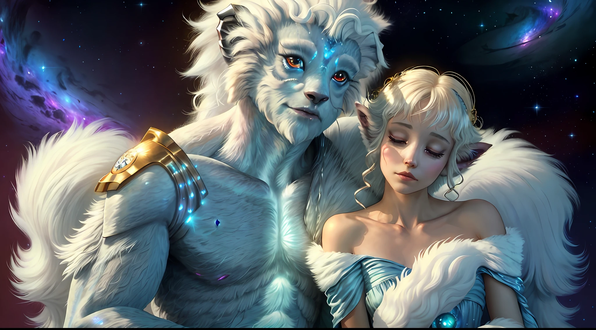 breathtaking masterpiece, best quality, highest quality, highly detailed, exquisite, award winning 8K digital painting of an ethereal and (incredibly beautiful female alien:1.4) with luminescent body parts that shimmer like stardust (lying gracefully on a steep cliff:1.2), casting a watchful gaze over (the galaxy:1.33), (a fluffy creature rests on her shoulder:1.8), intricate details, golden ratio, BaroqueAI, v0id3nergy, by Louis Royo