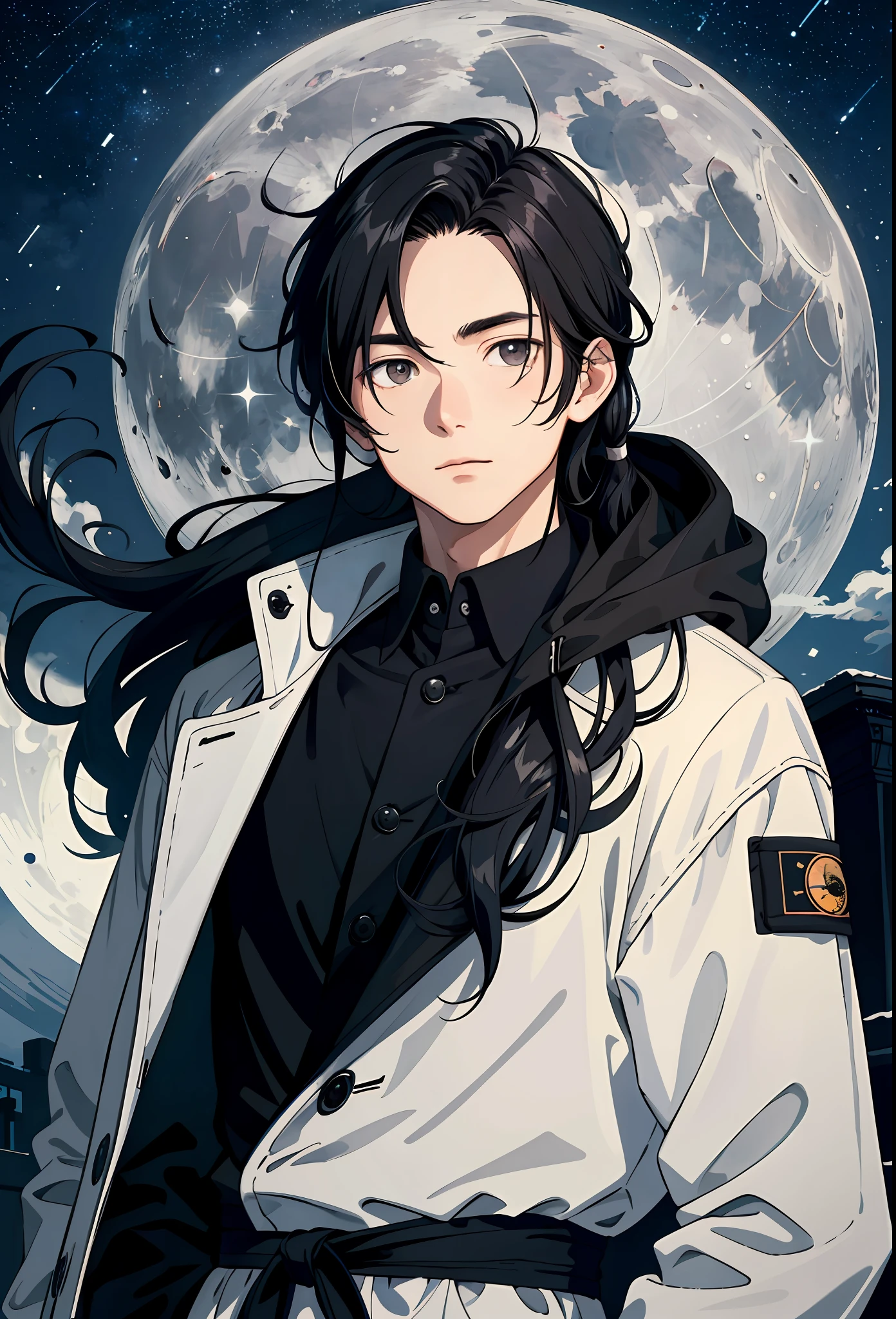 masterpiece, 1 guy, wiry, black hair, long hair, gray eyes, coat, upper body, night, moon, stars,