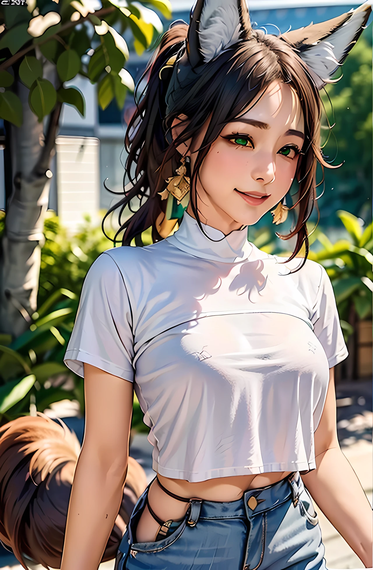 (masterpiece, top quality, best quality, official art, beautiful and aesthetic:1.2), ultra realistic, 32k, extremely detailed CG unity 8k wallpaper, detailed background, (cowboy_shot:1.2), (thick lips), (lip expansion), (makeup), 
1girl, tingyun, green eyes, ponytail, hair ornament, white collar, (fox ears:1.3, fot tail:1.2), seductive smile, (cameltoe:1.2, short denim:1.4, cropped t-shirt)