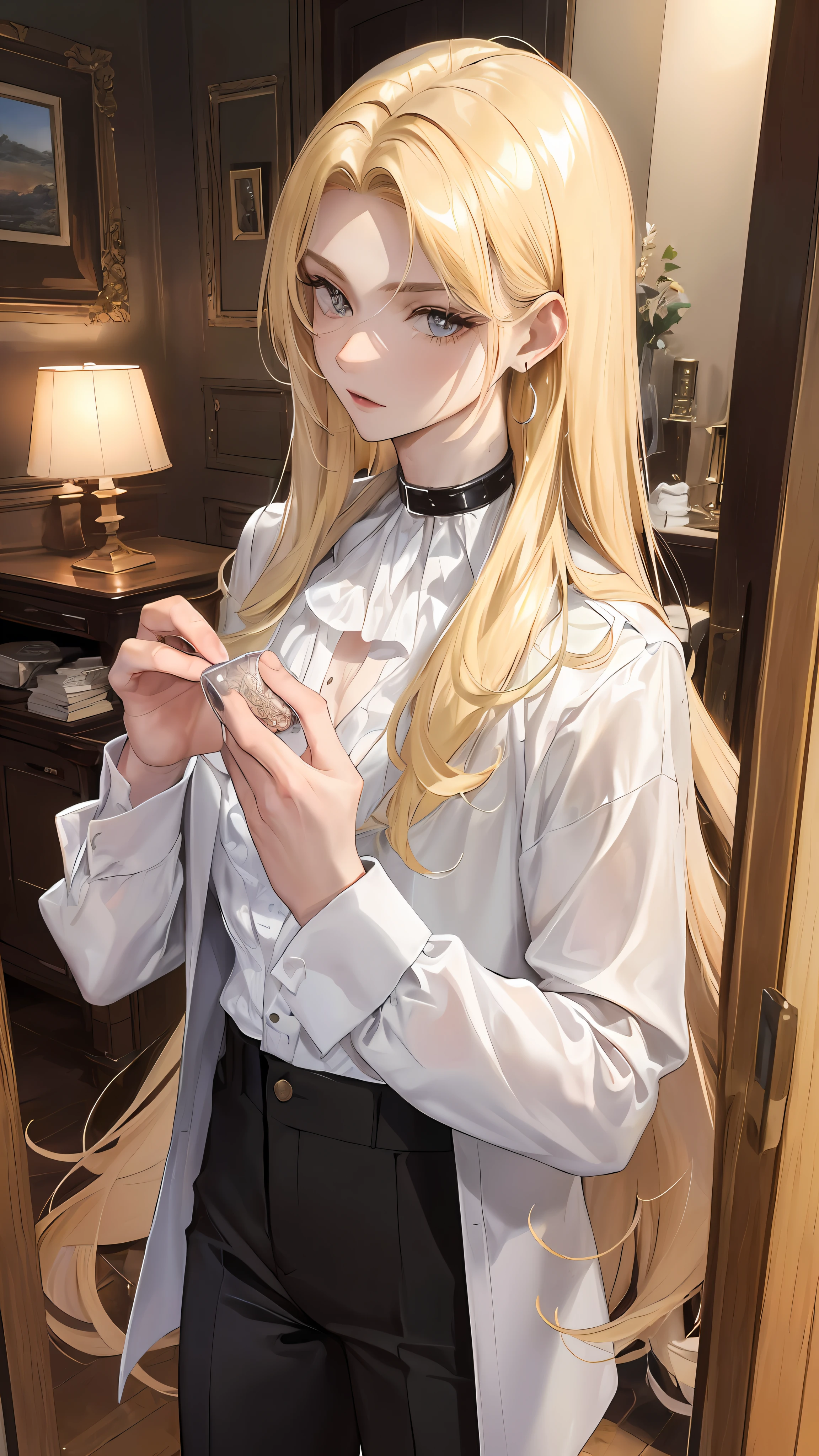 man, masculine, masculine face, attractive, muscular, ((1man)), masterpiece, absurdres, best quality ,intricate details , (shiny skin, shiny body, shiny oily luster skin, shiny hair, pale skintone), old castle, Sundown, attractive, ((muscular)), adult, one, tattoo ,white blouse, earrings, brown pants, Don't look at the view , Not looking at the view, blonde very long hair, perfect detailed face, perfect detailed hands