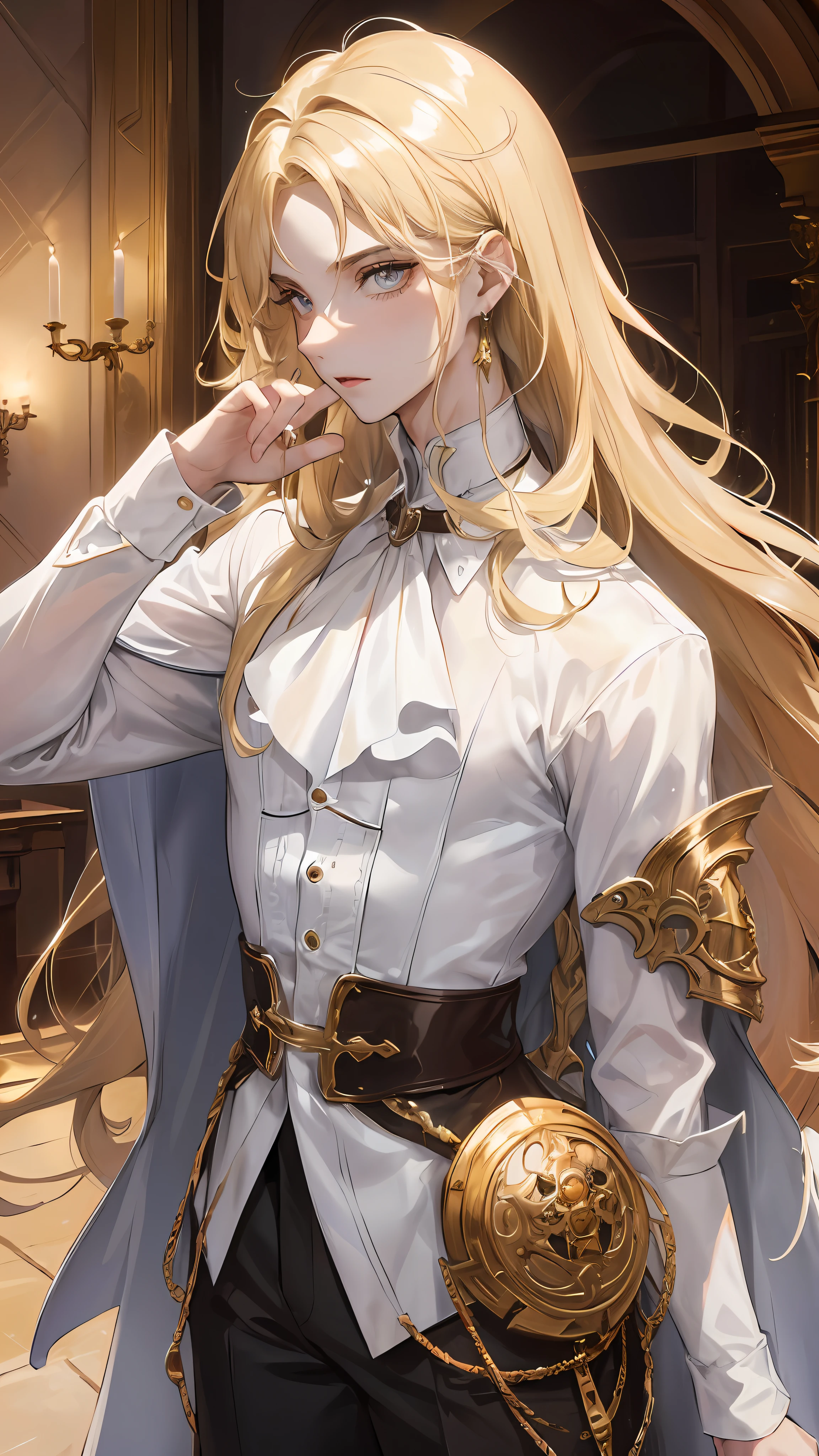 man, masculine, masculine face, attractive, muscular, ((1man)), masterpiece, absurdres, best quality ,intricate details , (shiny skin, shiny body, shiny oily luster skin, shiny hair, pale skintone), old castle, Sundown, attractive, ((muscular)), adult, one, tattoo ,white blouse, earrings, brown pants, Don't look at the view , Not looking at the view, blonde very long hair, perfect detailed face, perfect detailed hands