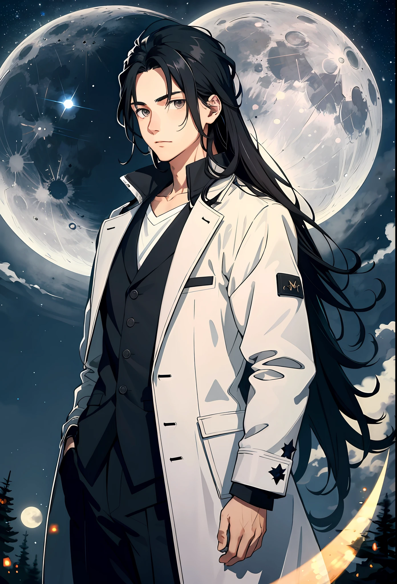 masterpiece, 1 guy, wiry, black hair, long hair, gray eyes, coat, upper body, night, moon, stars,