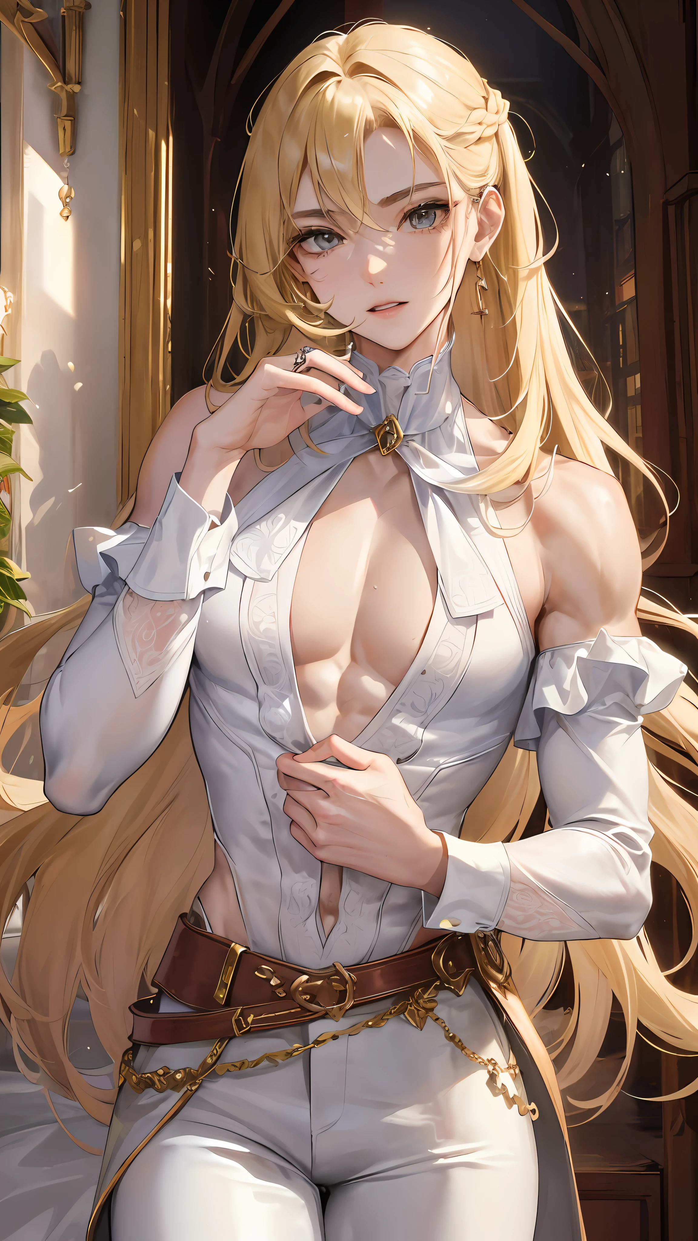 man, masculine, masculine face, attractive, muscular, ((1man)), masterpiece, absurdres, best quality ,intricate details , (shiny skin, shiny body, shiny oily luster skin, shiny hair, pale skintone), old castle, Sundown, attractive, ((muscular)), , one, tattoo ,white blouse, earrings, brown pants, Don't look at the view , Not looking at the view, blonde very long hair, perfect detailed face, perfect detailed hands