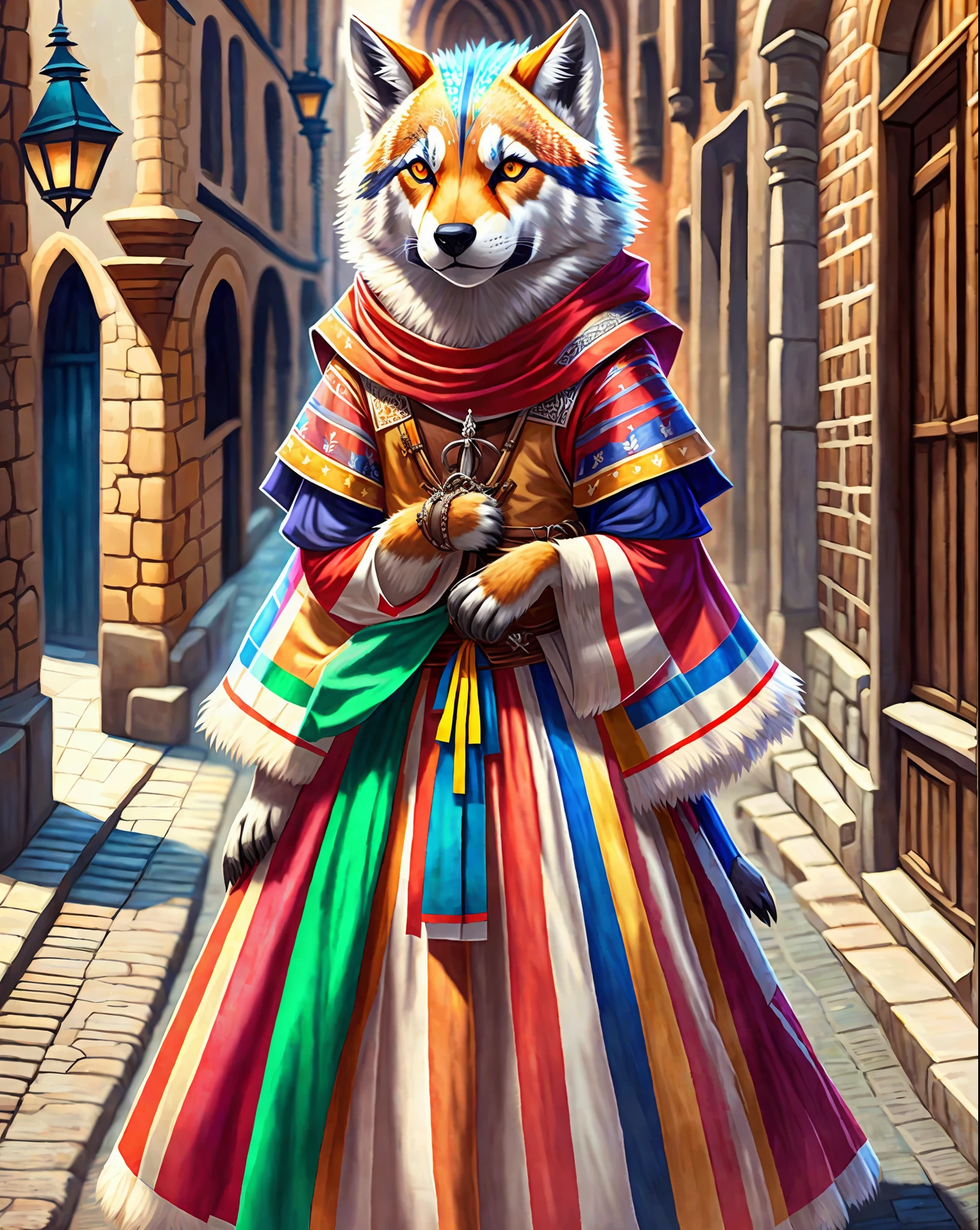UM LOBO ANIMAL MUITO LINDO E VESTIDO COM ROUPAS COLORIDAS EM UMA CIDADE MEDIEVAL --auto --s2