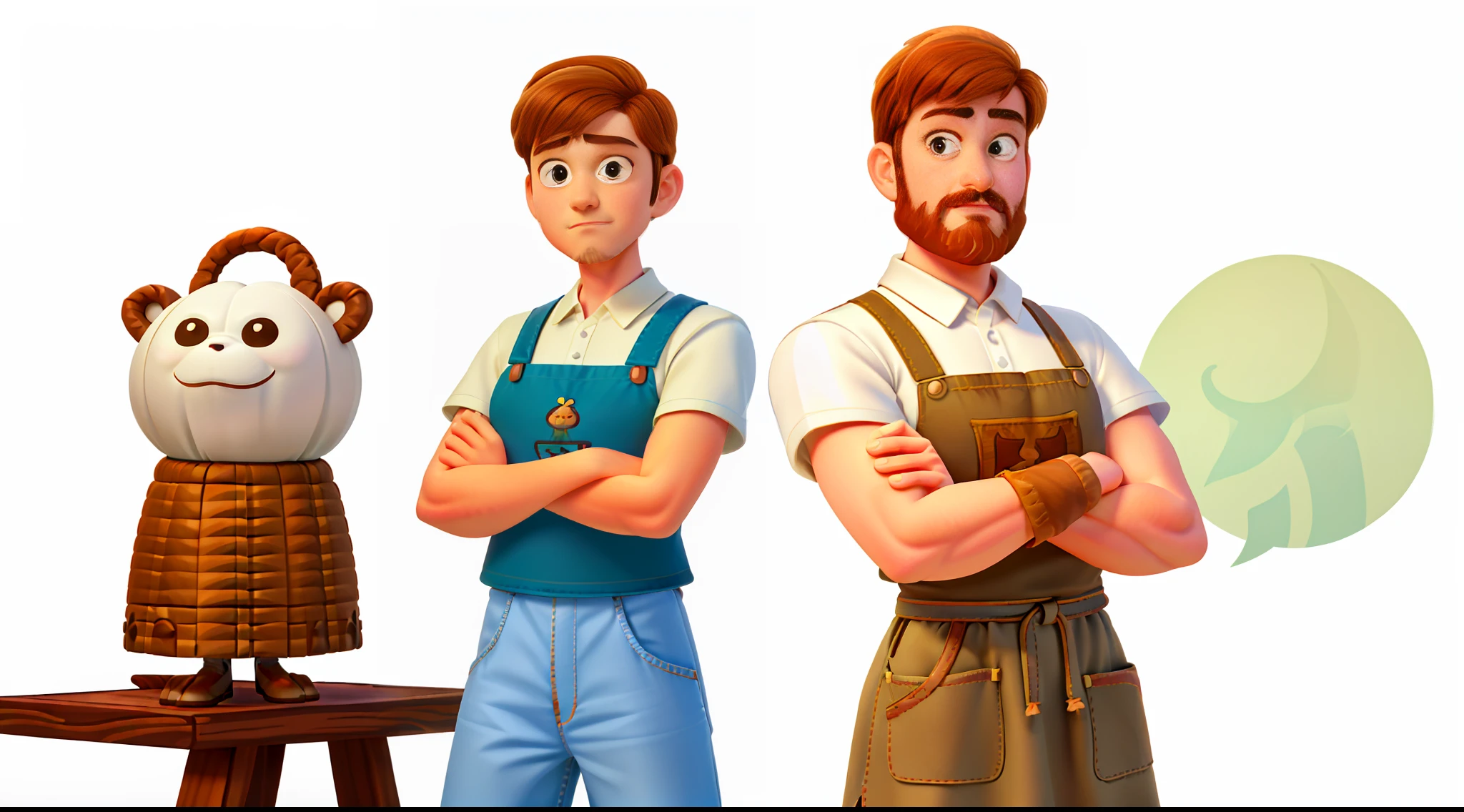 A very realistic illustration of a man looking at the camera, with his arms crossed and wearing jeans and a white shirt, wearing a brown barber apron, without any tattoos, white background, no tattoo on his body, no beard , standing with arms crossed, - realistic cartoon cartoon style, 4k