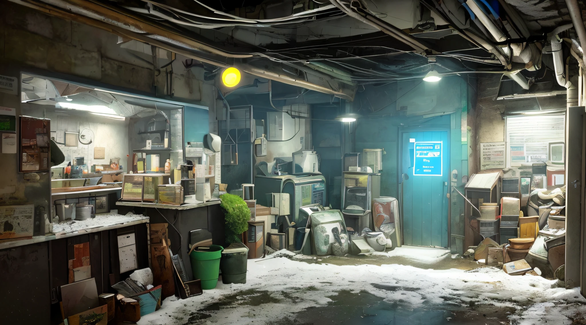 hyperrealistic and very detailed illustration of the entrance of a patio, point of view from the outside, image very loaded with objects, point of view from below, dirty cement stairs with cracks, green wastebasket, metal signs, seats, cables, pole, pastel blue telephone booth, rusty guardrails, pipes, pipes in the walls, electric meter, gray and dark walls, empty boxes, old papers on the floor, damaged wall paint, some garbage on the floor, metal and rusty scrap, machine parts (rusty, brown), very detailed advertisements on the neon wall, spotlight lights (very radiant blue light), artificial and sterile environment, very dark night, fog and somewhat dense smoke, very dark landscape shadows, red and green neon lights, night, some snow all over the landscape, humidity, puddles of water reflecting the dim ambient light