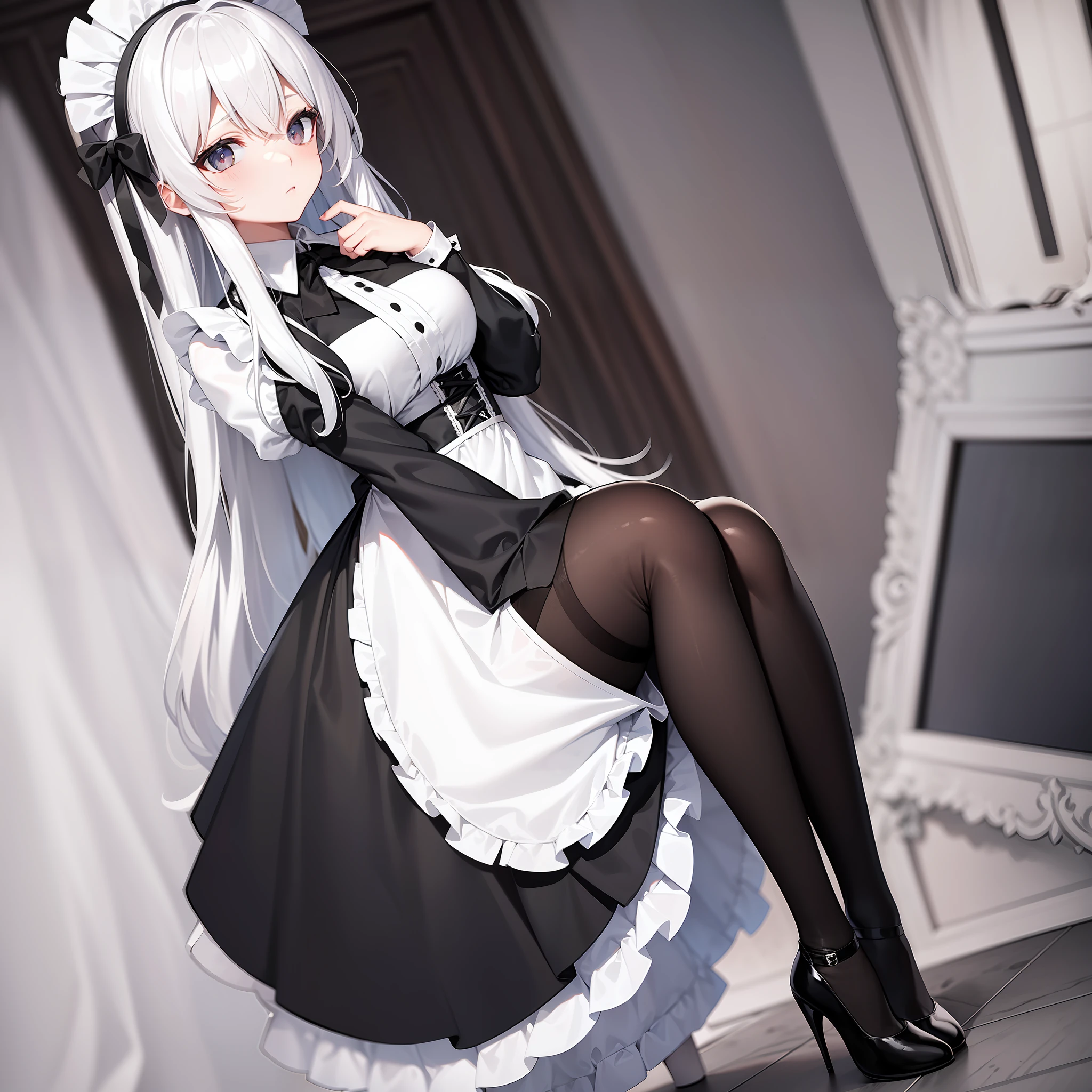 twin,Black and white pantyhose,with white long hair,Maid dress-up,4k