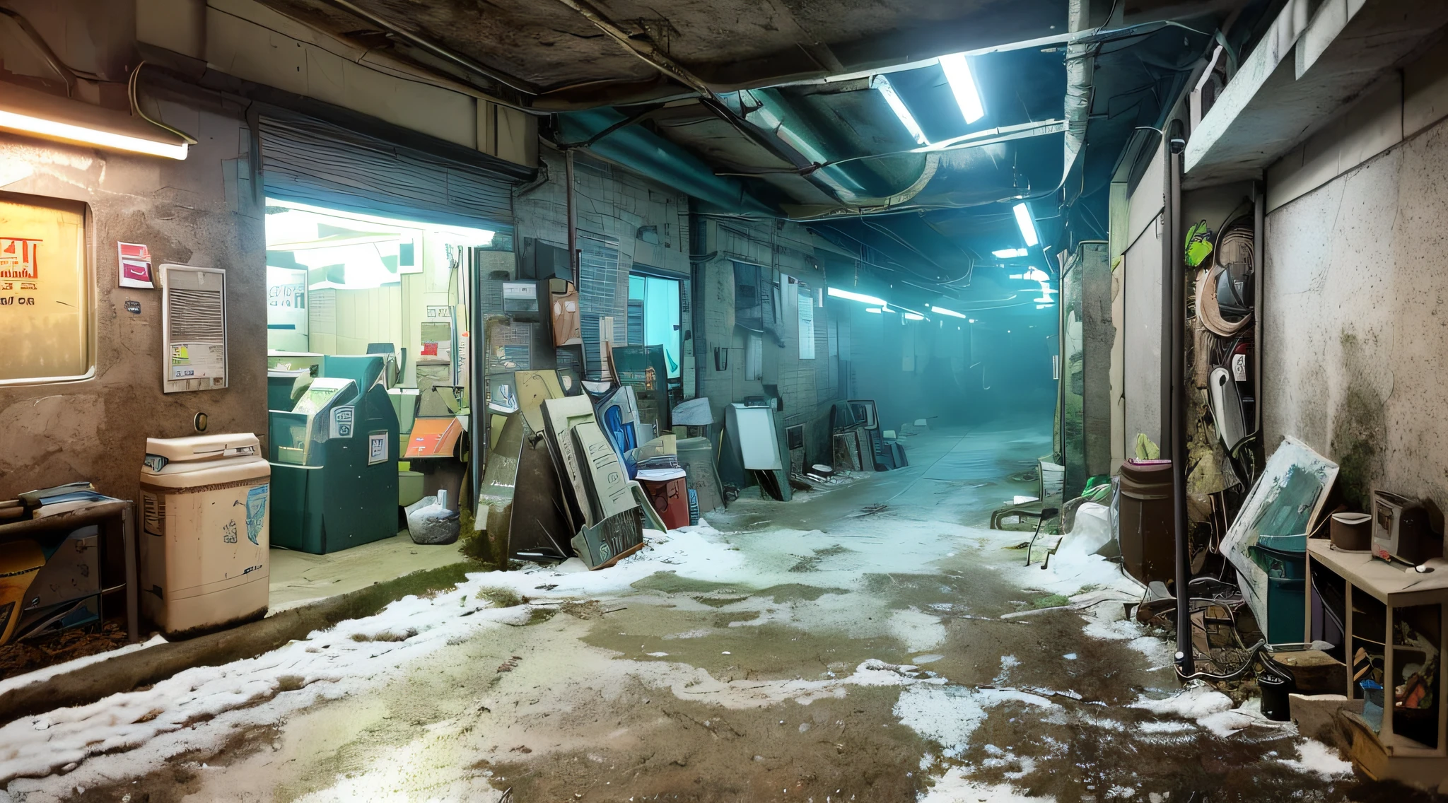 hyperrealistic and very detailed illustration of the entrance of a patio, point of view from the outside, image very loaded with objects, point of view from below, dirty cement stairs with cracks, green wastebasket, metal signs, seats, cables, pole, pastel blue telephone booth, rusty guardrails, pipes, pipes in the walls, electric meter, gray and dark walls, empty boxes, old papers on the floor, damaged wall paint, some garbage on the floor, metal and rusty scrap, machine parts (rusty, brown), very detailed advertisements on the neon wall, spotlight lights (very radiant blue light), artificial and sterile environment, very dark night, fog and somewhat dense smoke, very dark landscape shadows,  red and green neon lights, night, some snow all over the landscape, humidity, puddles of water reflecting the dim ambient light