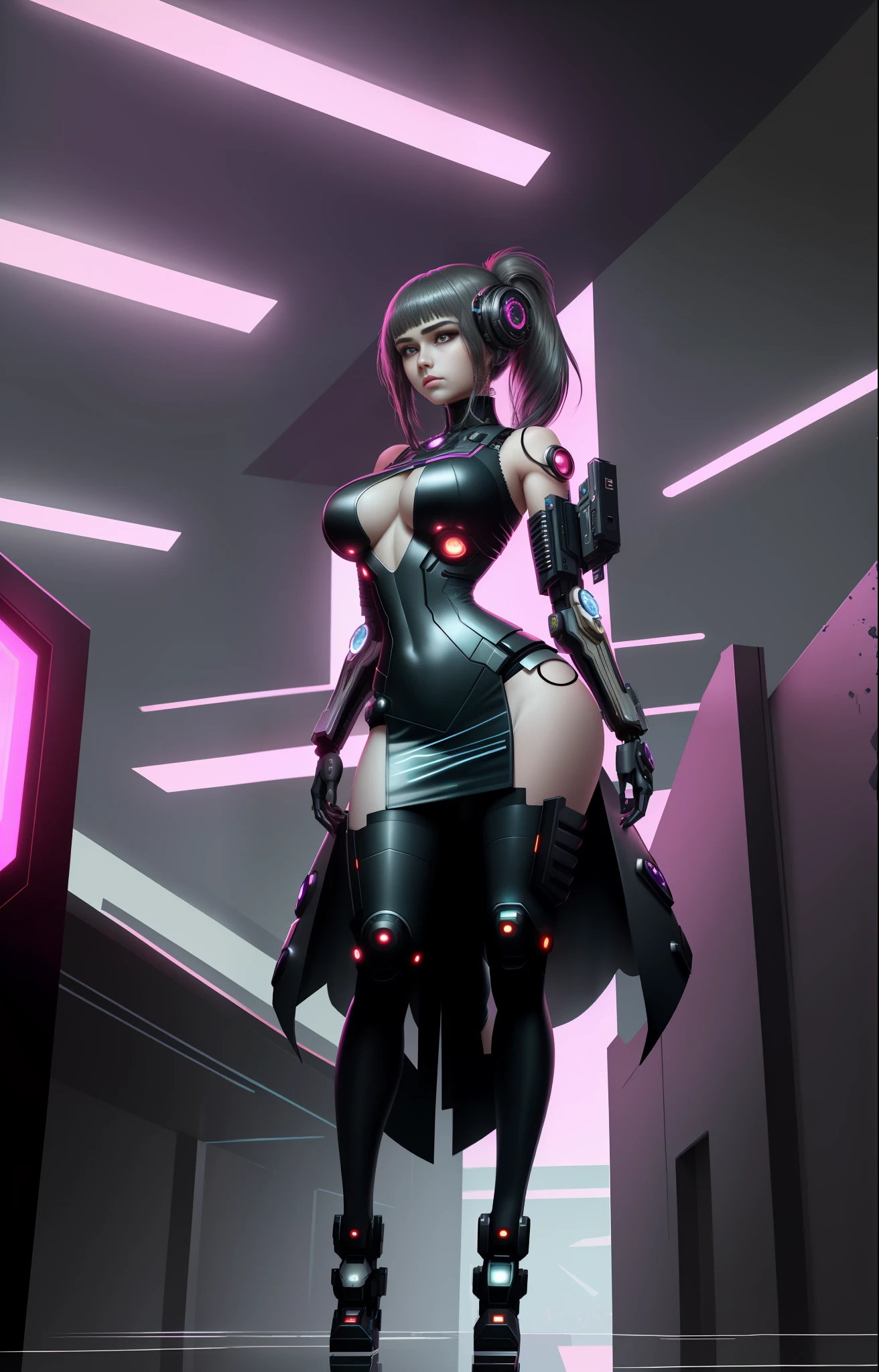 (8k,a masterpiece,Bestquality),Ultra detailed,Beautiful round eyes with beautiful details,Beautifully detailed face,high quality,high res,Cyberpunk girls wearing sexy outfits,Gigantic breast,see-through dress,mecha,to sleep,Ruins