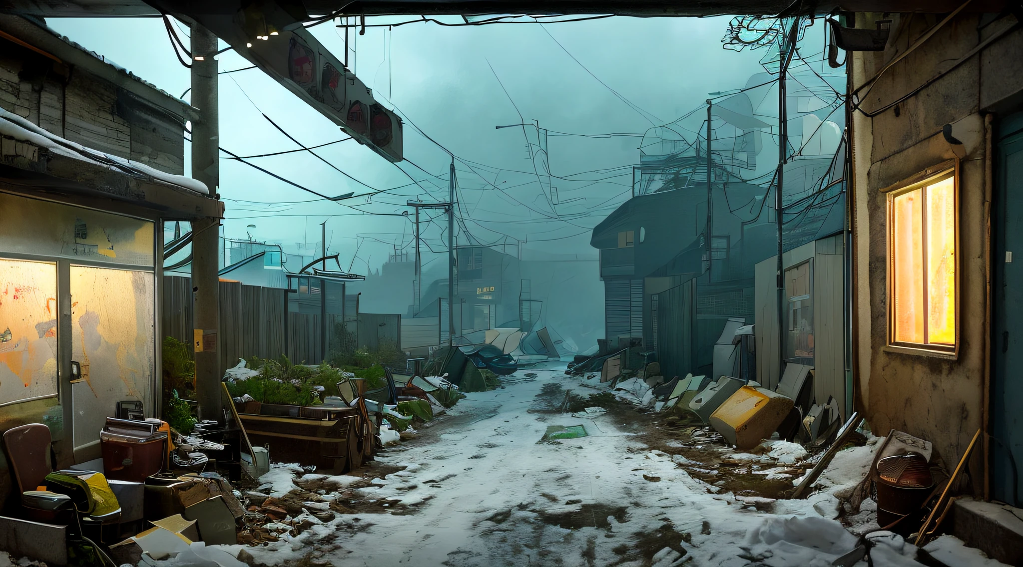 hyperrealistic and very detailed illustration of the entrance of a patio, point of view from the outside, image very loaded with objects, point of view from below, dirty cement stairs with cracks, green wastebasket, metal signs, seats, cables, pole, pastel blue telephone booth, rusty guardrails, pipes, pipes in the walls, electric meter, gray and dark walls, empty boxes, old papers on the floor, damaged wall paint, some garbage on the floor, metal and rusty scrap, machine parts (rusty, brown), very detailed advertisements on the neon wall, spotlight lights (very radiant blue light), artificial and sterile environment, very dark night, fog and somewhat dense smoke, very dark landscape shadows, red and green neon lights, night, some snow all over the landscape, humidity, puddles of water reflecting the dim ambient light