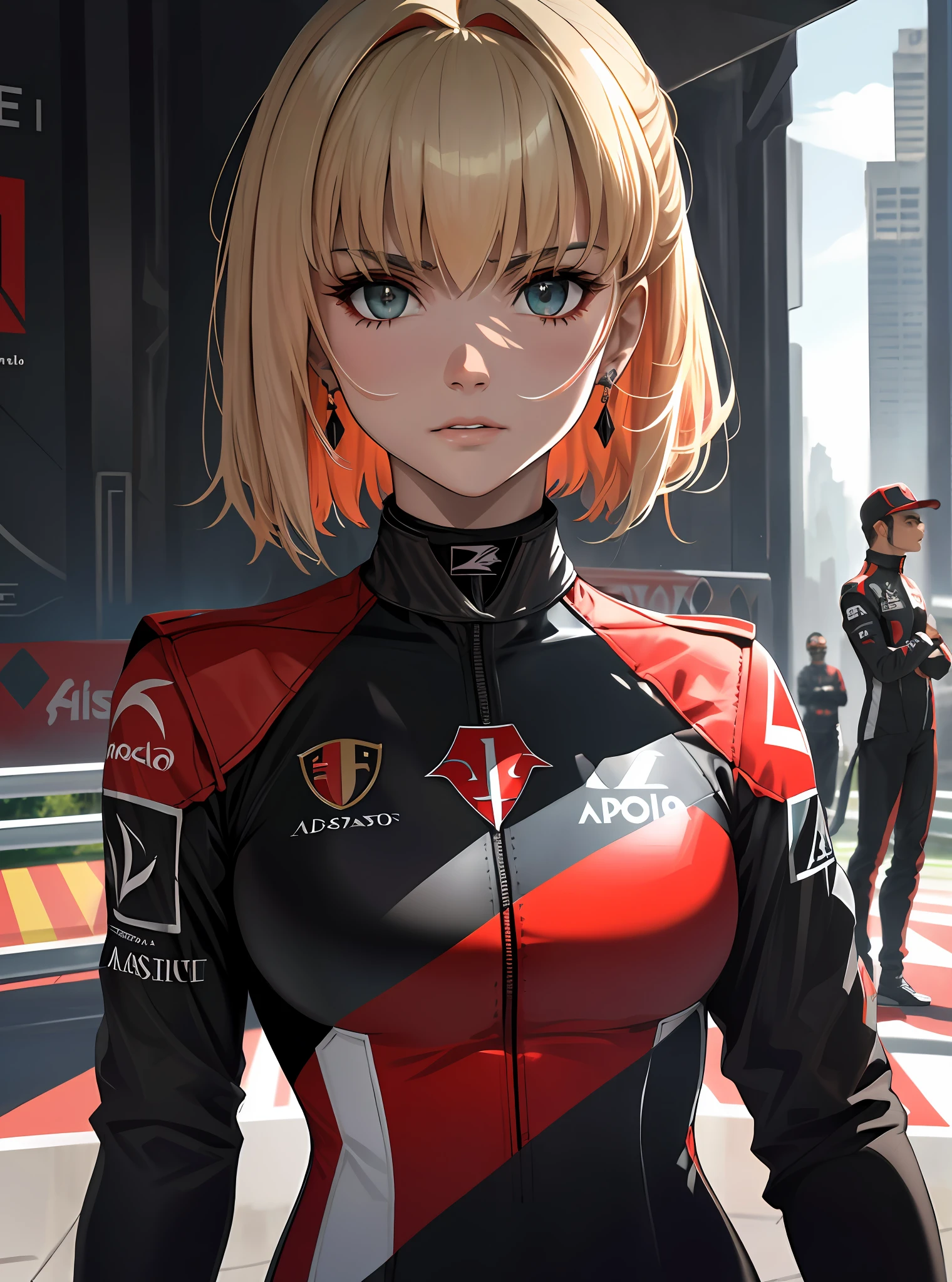 Saber (fate), absurdos, Altas, ultra detalhados, ((F1_racing_suit)), (naipe-vermelho-negro), realista, visual impressionante, Circuito NewYork, dia, detalhes do rosto