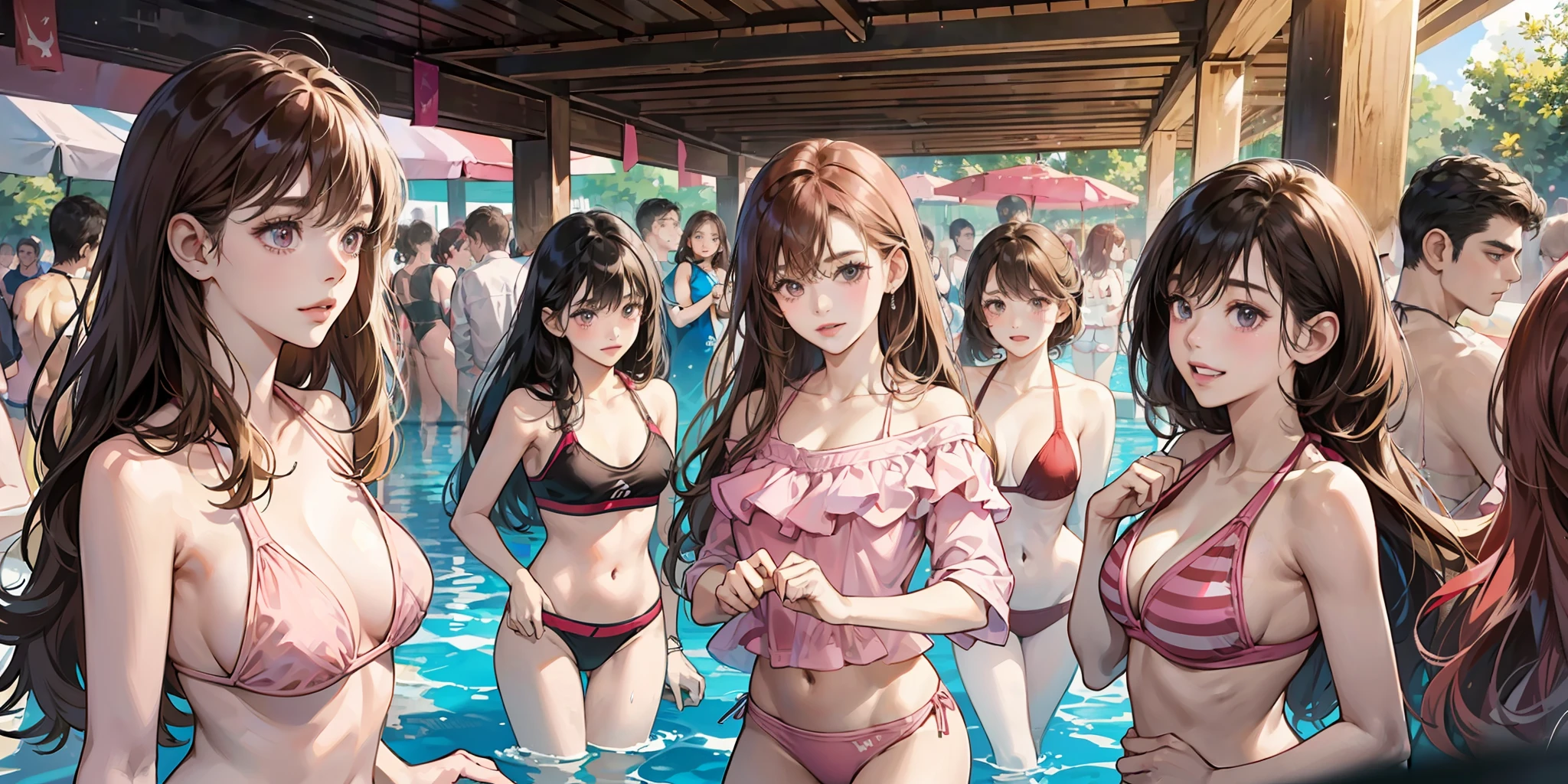 {{Teenage female, caucasian, hundreds of girls, thousands of girls, multiple girls, many girls, only girls, crowd shot, sisters}}, looking at viewer, hazel eyes, extremely detailed, brown hair, blonde hair, red hair, black hair, ((pink bikinis, matching bikinis, identical bikinis)), pool, indoor pool, pool party, crowd of girls, girls partying, happy, best quality, high quality, extremely detailed anime screencap