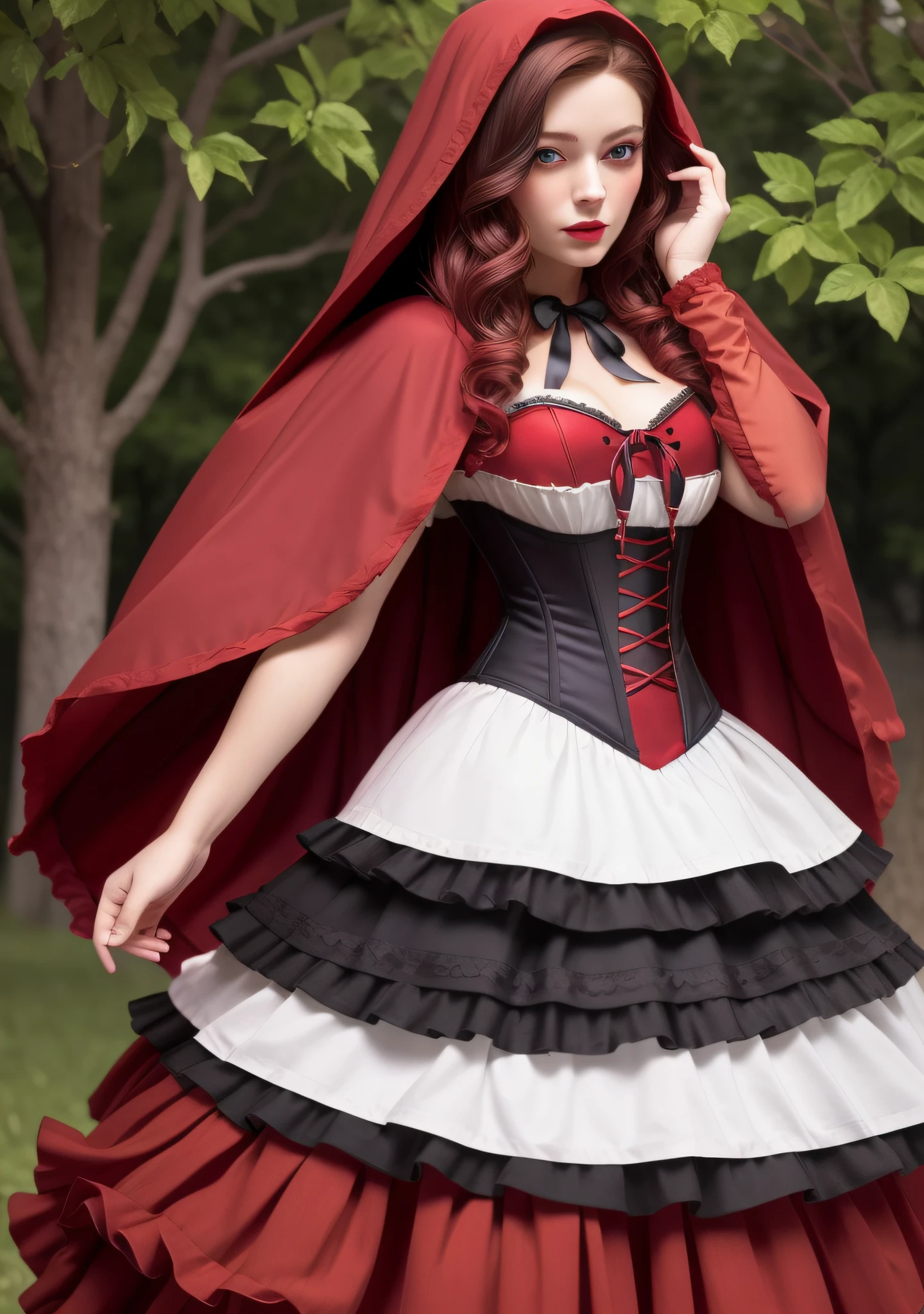 "red hood, cape, corset, dress, red skirt | fruit basket | detailed face, detailed eyes, detailed lips, detailed eyelashes, nice hands:1.2, good hands:1.2, BlueEyes:1.1, RedHoodWaifu:1.2"