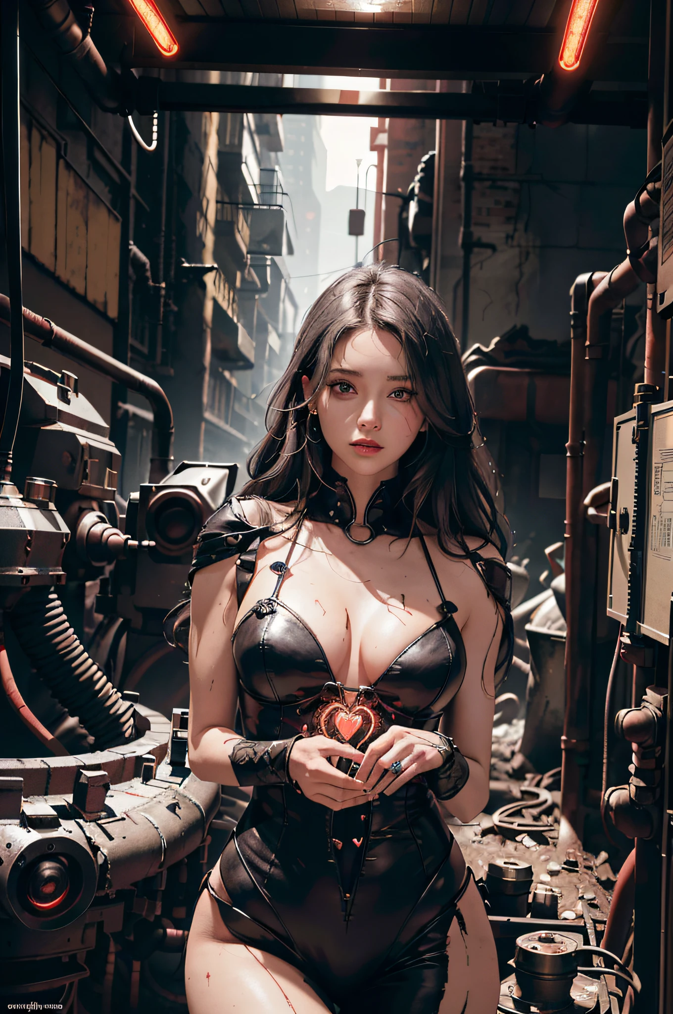 SFW, Darkness, horror, experiments, factories, sparks, (anatomy: 1.3) (damage: 1.2) (machine: 1.1) (woman with perfect body, full chest) has gray hair and beautiful, detailed red eyes. He has one (machine (heart: 1.1) and one (dirty face: 1.2), exposed wires and pipes, internal mechanical parts damaged and short circuited, severe damage, removal, natural light, light tracking, complex circuitry, illustrations, 8 wallpapers, ultra-detailed, full-body portraits, the best picture, wrong images, the wrong way, intricate details of the highest quality, ridiculous