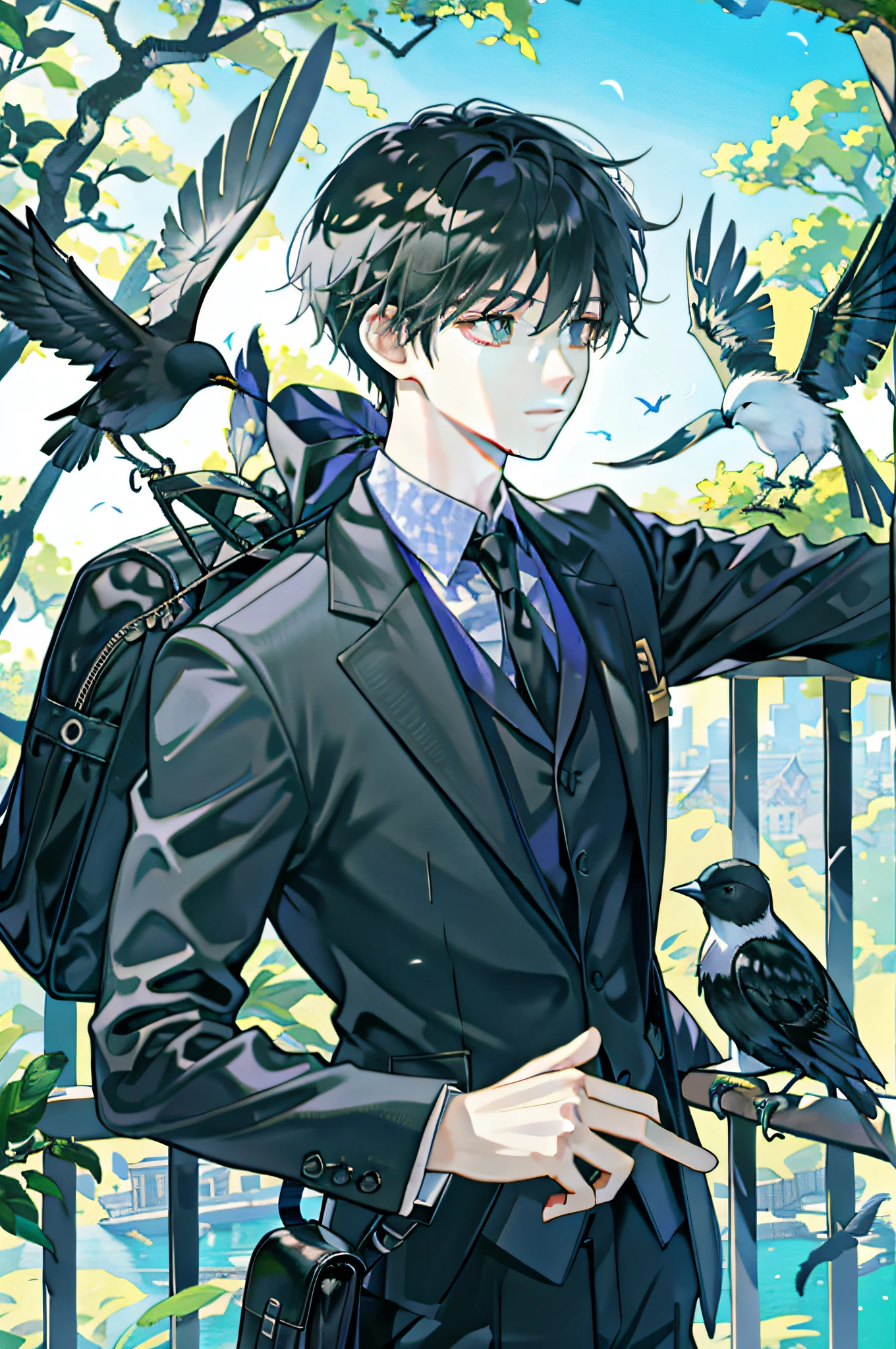 Masterpieces、maximum quality、1 baby boy、Male Focus、twink、Residential area、fence、Spindle tree、Afternoon sunshine、After work、Black suit、backpack、Flock of birds、From the side、Depth Of Field