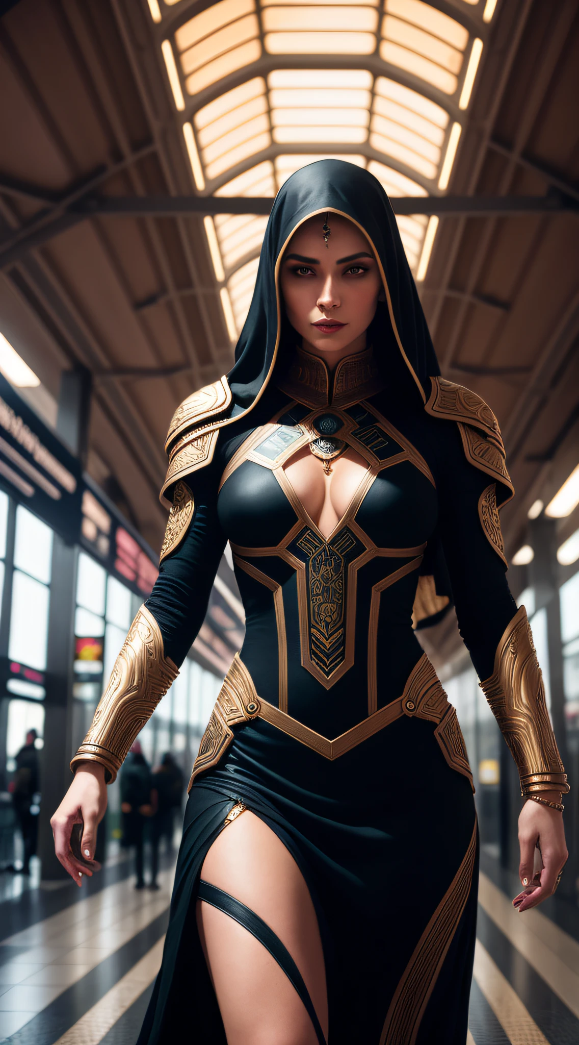Medium full shot Portrait of an exotic stunningly beautiful caucasian woman wearing urban outfit at a subway station, Alluring gaze, Captivating expression, perfect detailed face, detailed symmetric hazel eyes with circular iris, realistic, stunning realistic photograph, 3d render, octane render, intricately detailed, cinematic, trending on artstation, Isometric, Centered hipereallistic cover photo, awesome full color, hand drawn, dark, gritty, mucha, klimt, erte 12k, high definition, cinematic, neoprene, behance contest winner, portrait featured on unsplash, stylized digital art, smooth, ultra high definition, 8k, unreal engine 5, ultra sharp focus, intricate artwork masterpiece, ominous, epic, TanvirTamim, trending on artstation, by artgerm, h. r. giger and beksinski, highly detailed, vibrant