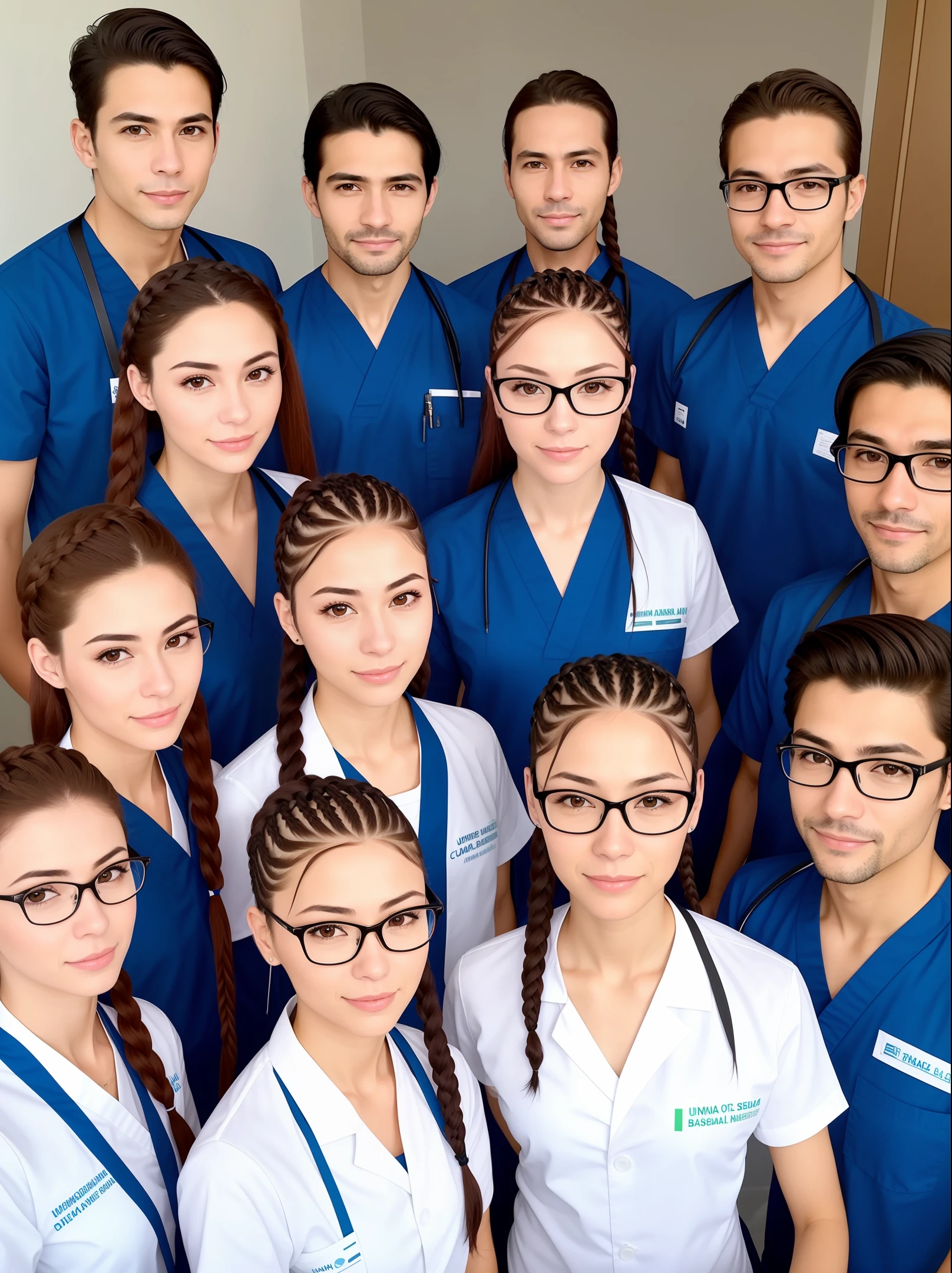 Nursing team with 3 men 1 of the Brazilian men of Japanese descent who wears glasses, 1 of the white and German men, e outro moreno e alto seria o enfermeiro
Com 4 mulheres, uma ruiva, a brunette with braids, uma alta e magra parda, is a middle-aged lady,
Todos da mesma equipe que trabalha em um pronto socorro