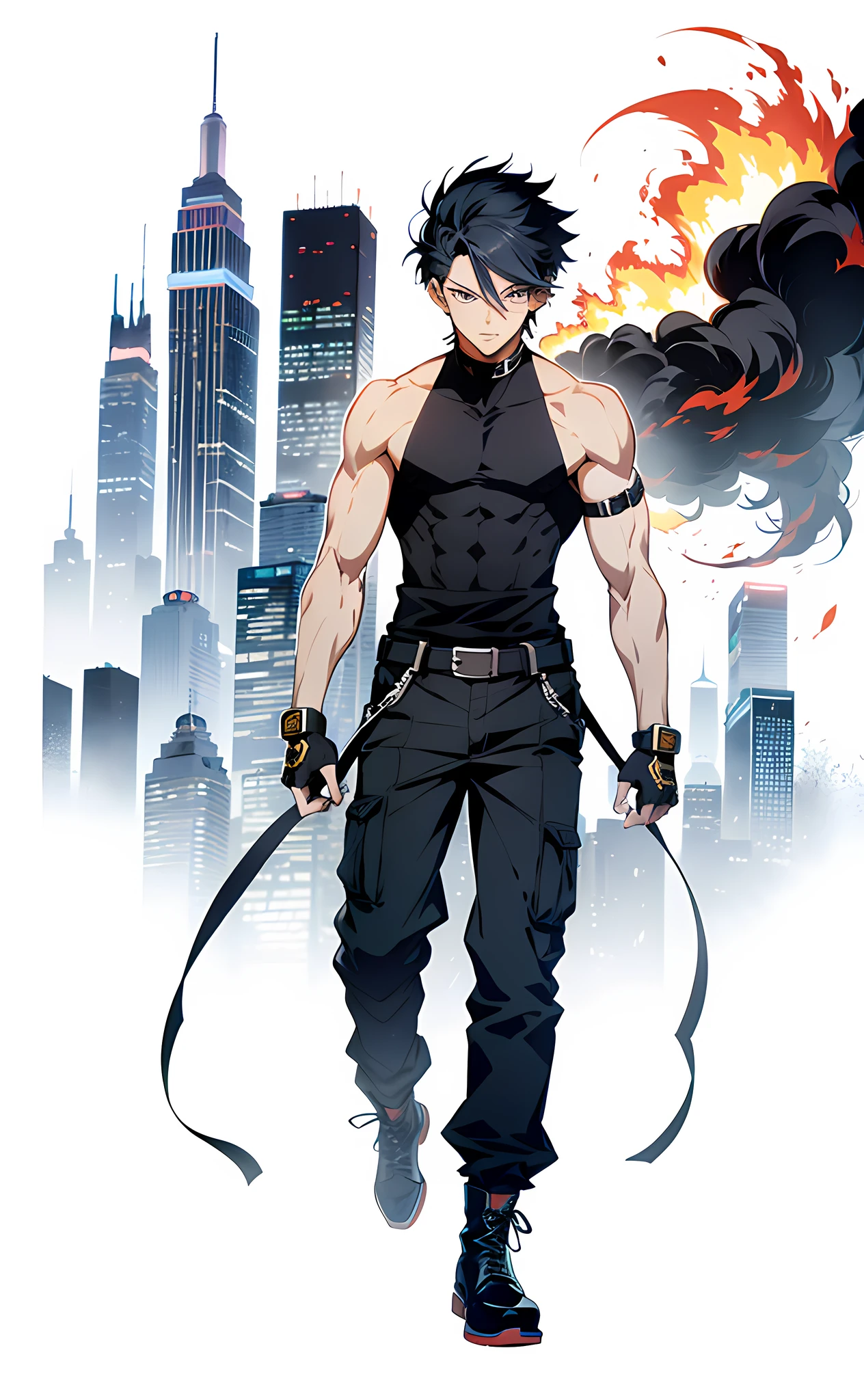 in yusuke murata style, degrade, maximum quality, several layers of color, destroyed scenery, fire all around,In style Yusuke Murata, 1man, 17 years old, his height is 1.85, tall man, white skin color, black eyes, marked eyes, defined athletic body, full body vision, black shirt with blue details, manga up to the shoulder,  collar covers the neck, V-detail on the collar, gray blue pants, detailed black boots with the blue cardy, training band at the waist, black hair like night, front pose, is looking at the camera, serious face of challenge, definition on the body, shape, maximum detail, in 4K, black gloves with golden details, well-defined and trained muscles,  Pocket in pants, details of lines on blouse, big hair up to the shoulder, hair with movement in the wind, masterpiece, gradient, background, a city, bustling, half day, stronger colors mappa style