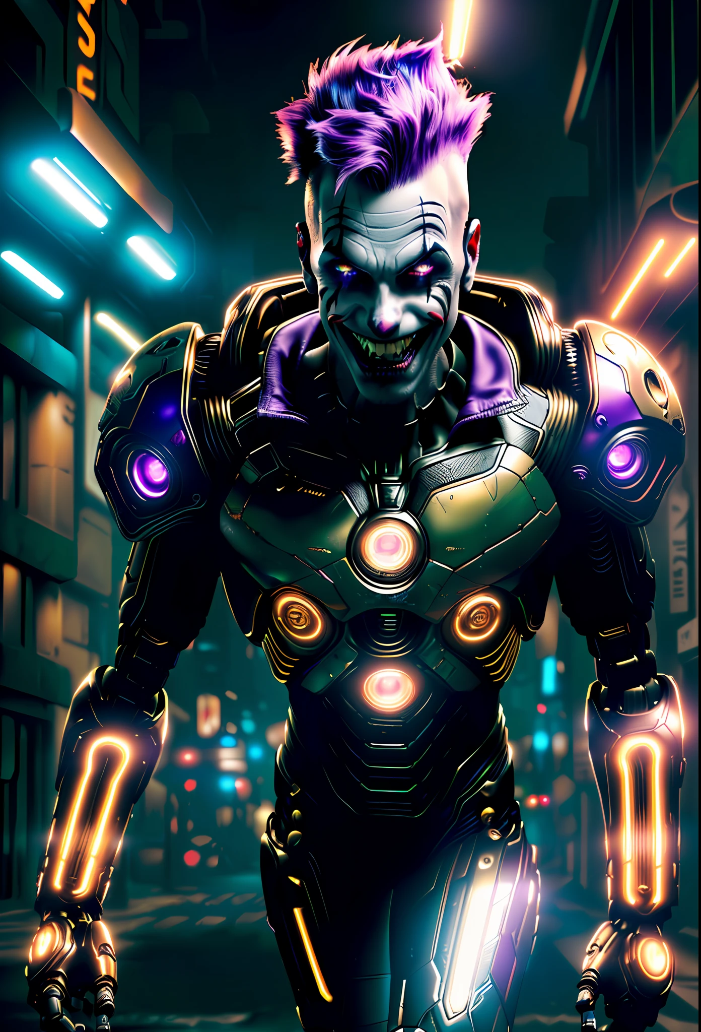 ((best quality)), ((masterpiece)), ((ultra realistic)), ((dark fantasy style)), (1man:1.3), (night), majestic intricately detailed soft oil painting, close up facial portrait, a maniac cyberpunk punk, (intricately detailed cybernetic augmentation, green and purple mohawk, robotic implants, reflective golden plating, gold teeth:1.3), (manic evil grin:1.2), (clown makeup:1.3), in the dark rain washed city street, dramatic cinematic lighting, neon edge lighting, professional, dramatic lighting, (backlit:1.2), hard edge lighting, cold muted colors
