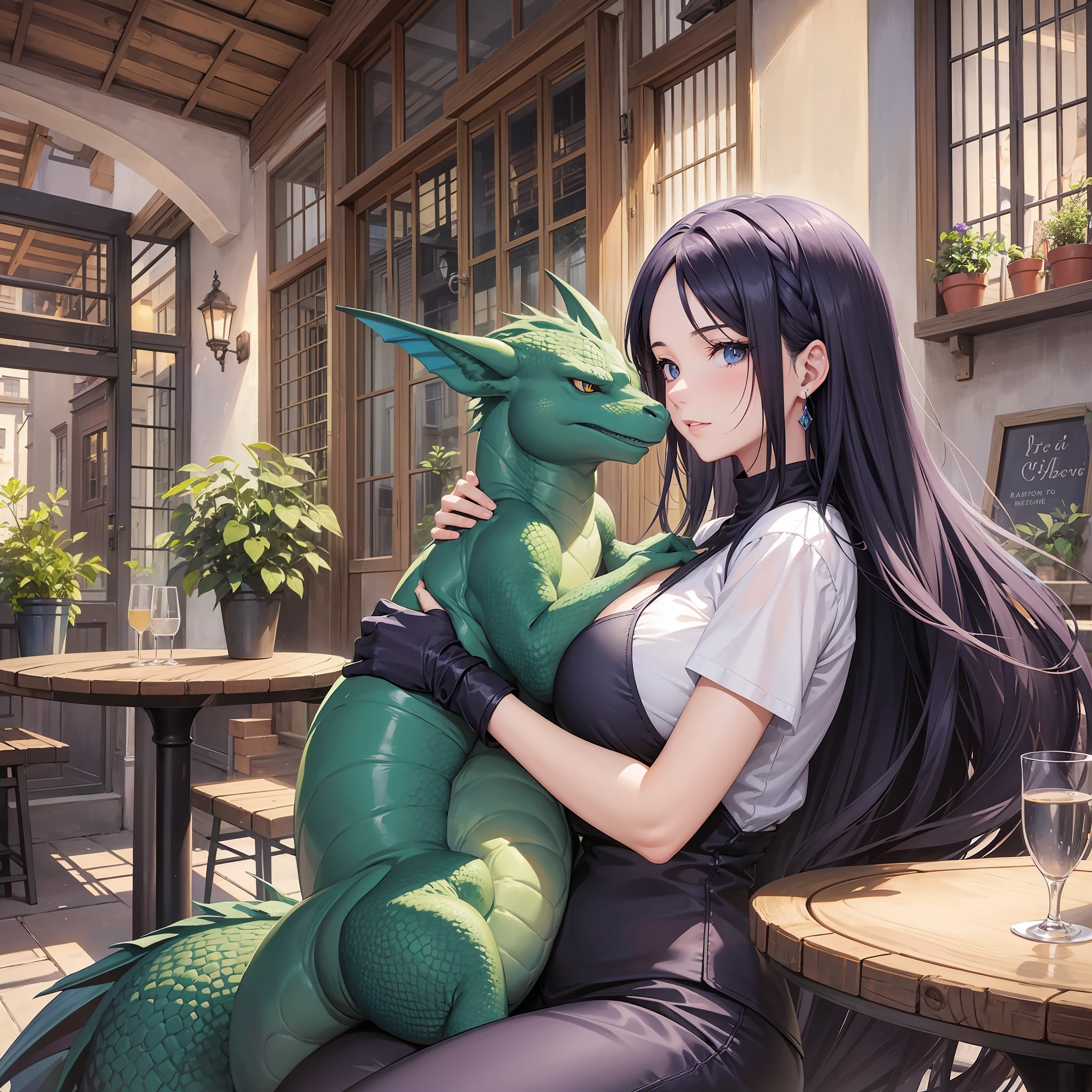 une femme au cheveux ????, chevaux court, en jean et tshirt bleu, Holds his big baby green dragon on his lap. Sitting on the terrace d'A café in a rural village, discute avec une amie elfe violet