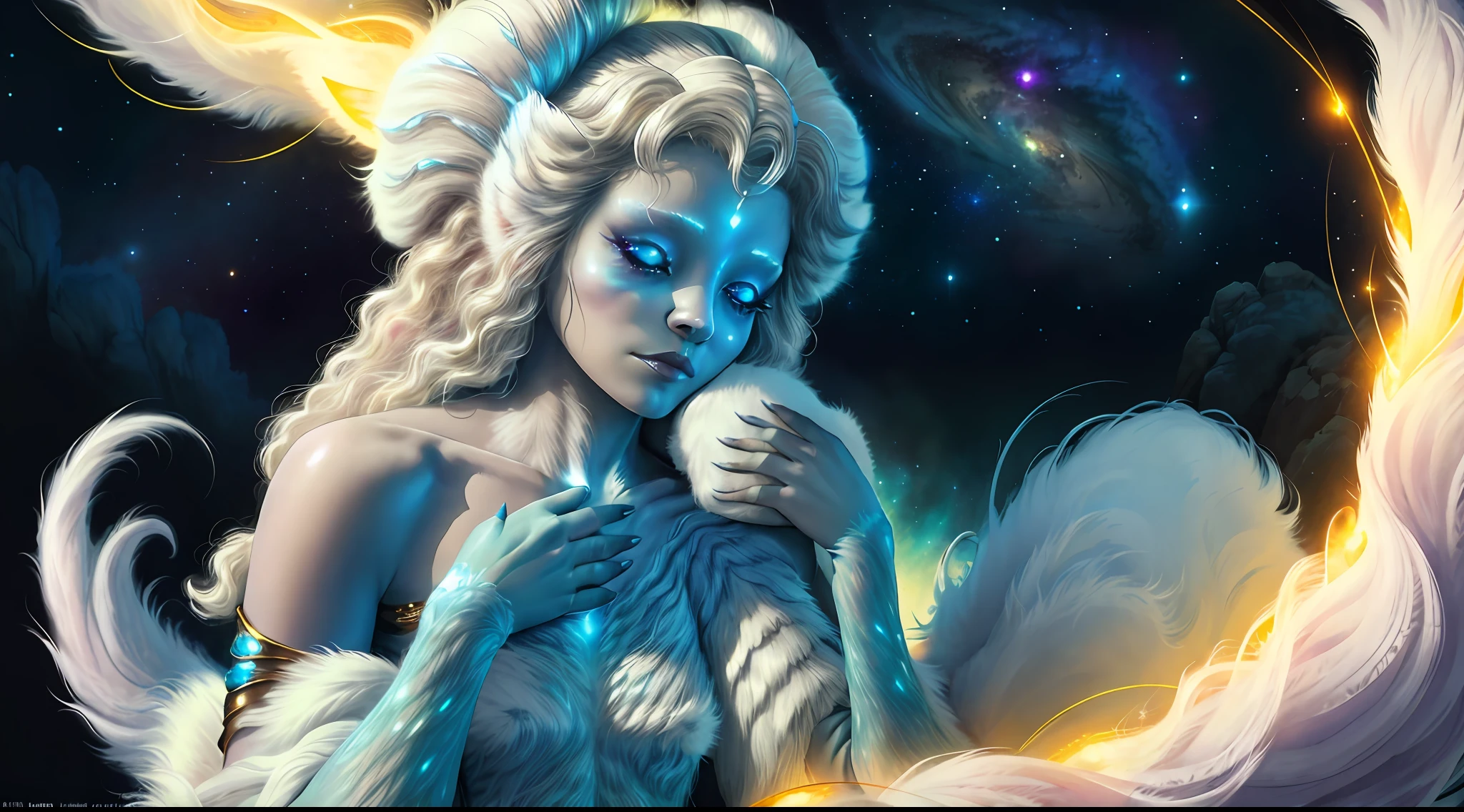 breathtaking masterpiece, best quality, highest quality, highly detailed, exquisite, award winning 8K digital painting of an ethereal and (incredibly beautiful female alien:1.4) with luminescent body parts that shimmer like stardust (lying gracefully on a steep cliff:1.2), casting a watchful gaze over (the galaxy:1.33), (a fluffy creature rests on her shoulder:1.8), intricate details, golden ratio, BaroqueAI, v0id3nergy, by Louis Royo