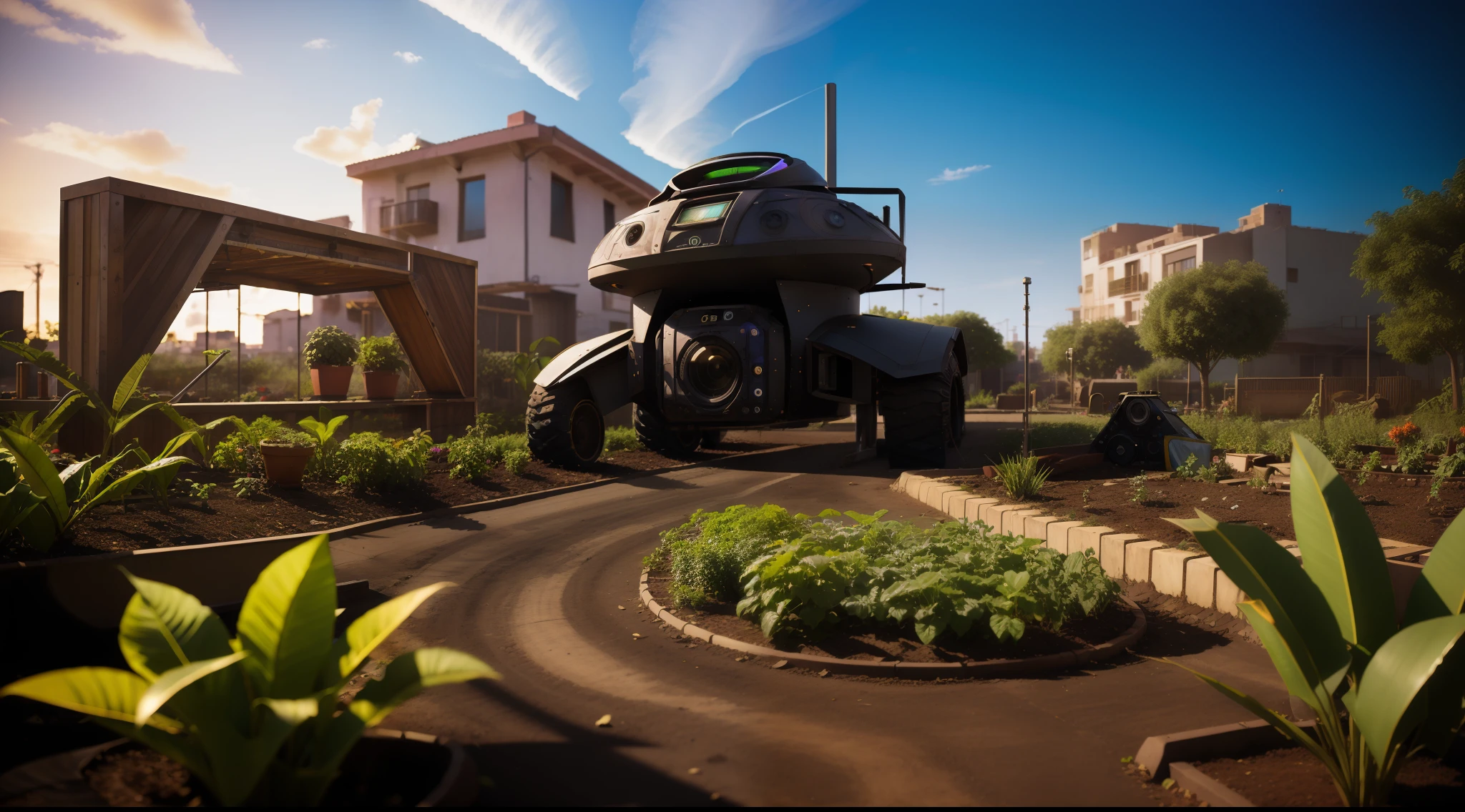 A vibrant Solarpunk community garden with advanced technology, vibrante, fotorrealista, realista, dramatic, cinematic lighting, sharp focus, 8k