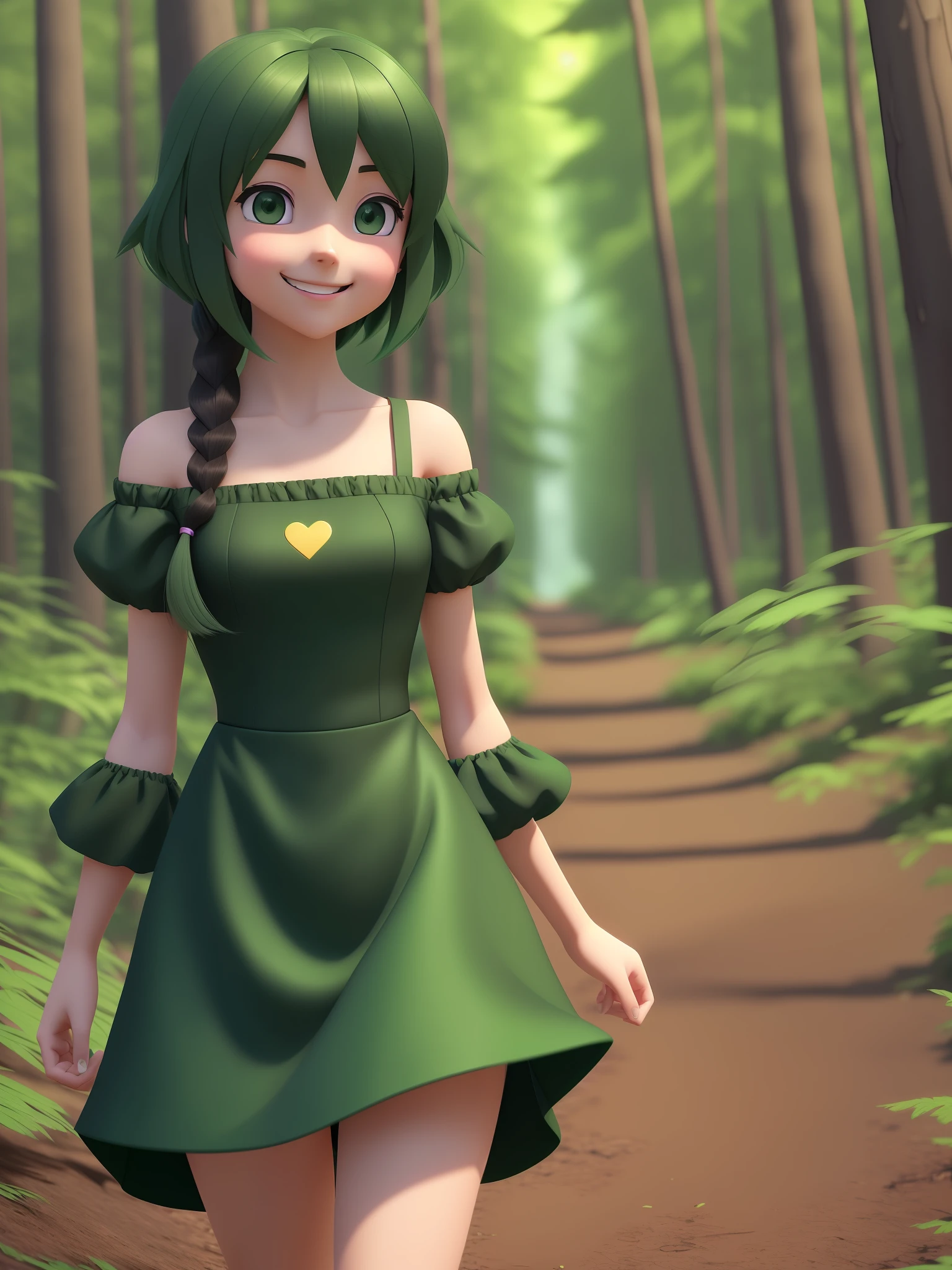 Young girl, a cartoon character in dark green clothing, ((extremely smiling and wistful expression)), ((shoulder-length hair)), stylized character, animation character, stylized 3d rendering, 3d character, highly detailed character , stylized anime, stylized 3d, Character rendering, character model, Closeup, (maximum quality), walking in the forest