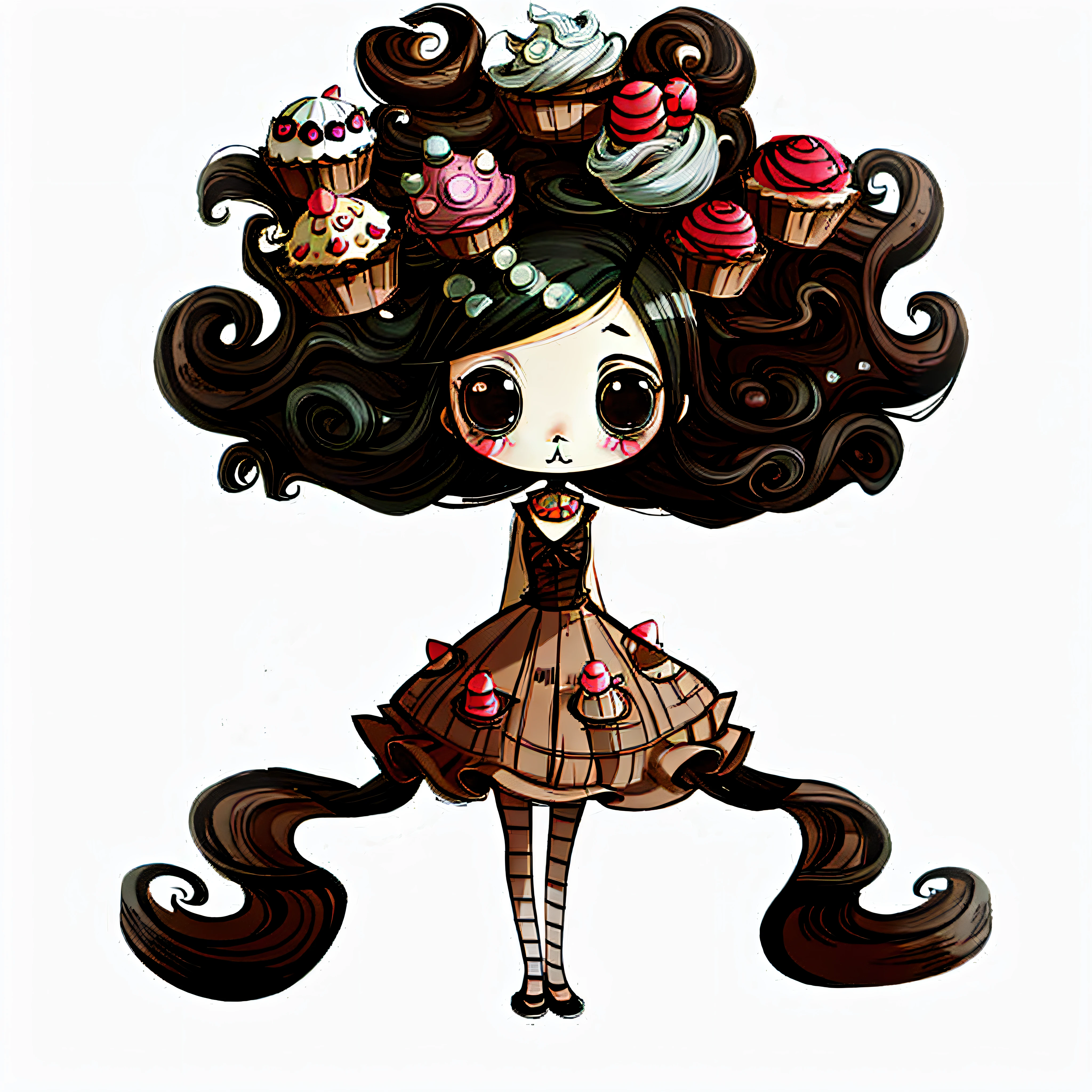 a cartoon girl with long hair and a dress with cupcakes on her head, cute artwork, cute digital art, chibi art, cute detailed digital art, inspired by nicoletta ceccoli, pop surrealism lowbrow art style, cute!, in style of tim burton, cupcake, cute art style, by Maki Haku, pop surrealism art style, !!!esao andrews!!!