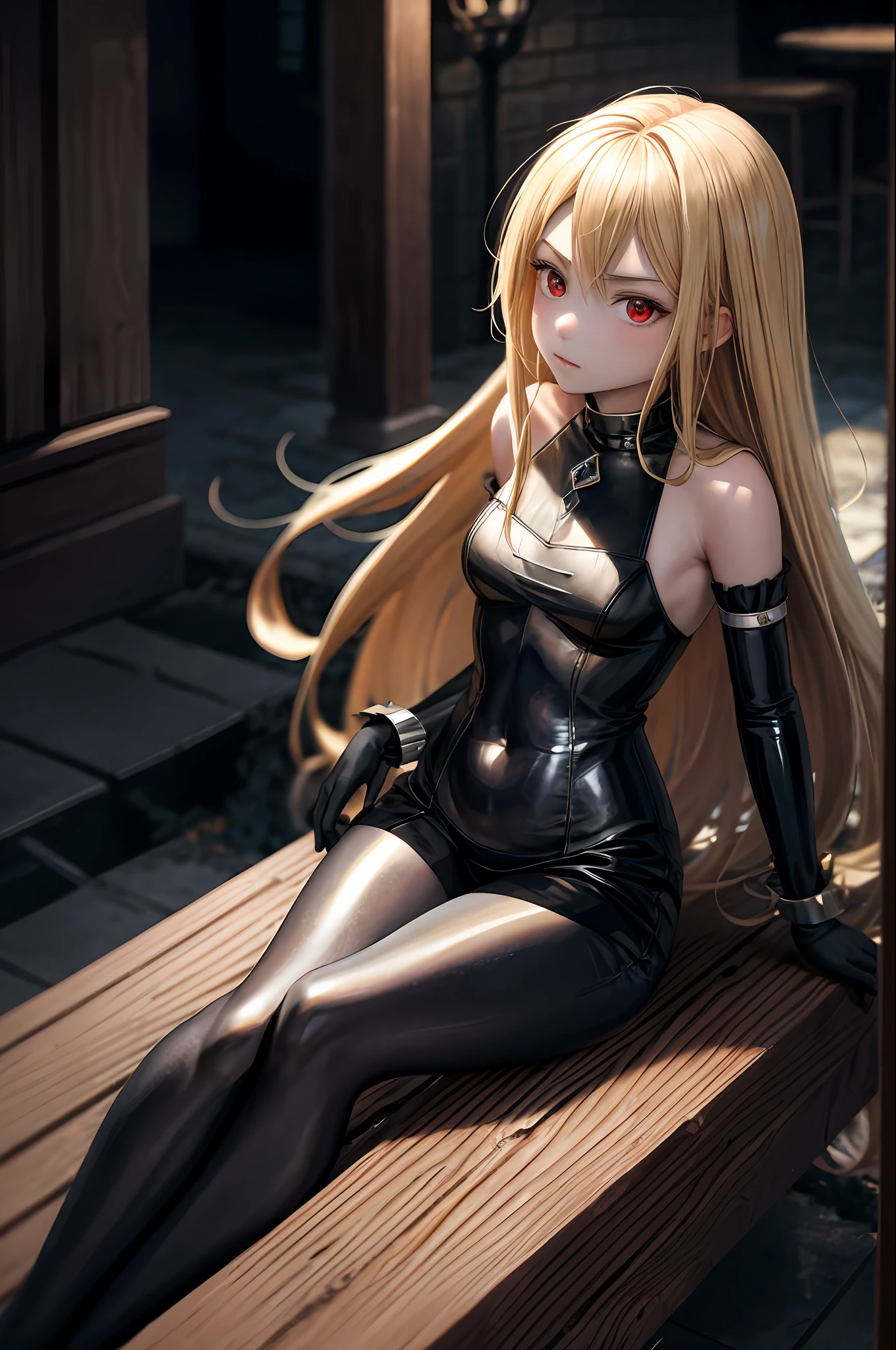 masterpiece, best quality, 1girl, loli, blonde hair, red eyes, medieval, navel, wide hips, bodysuit, bare legs, spread legs, seated, erotica