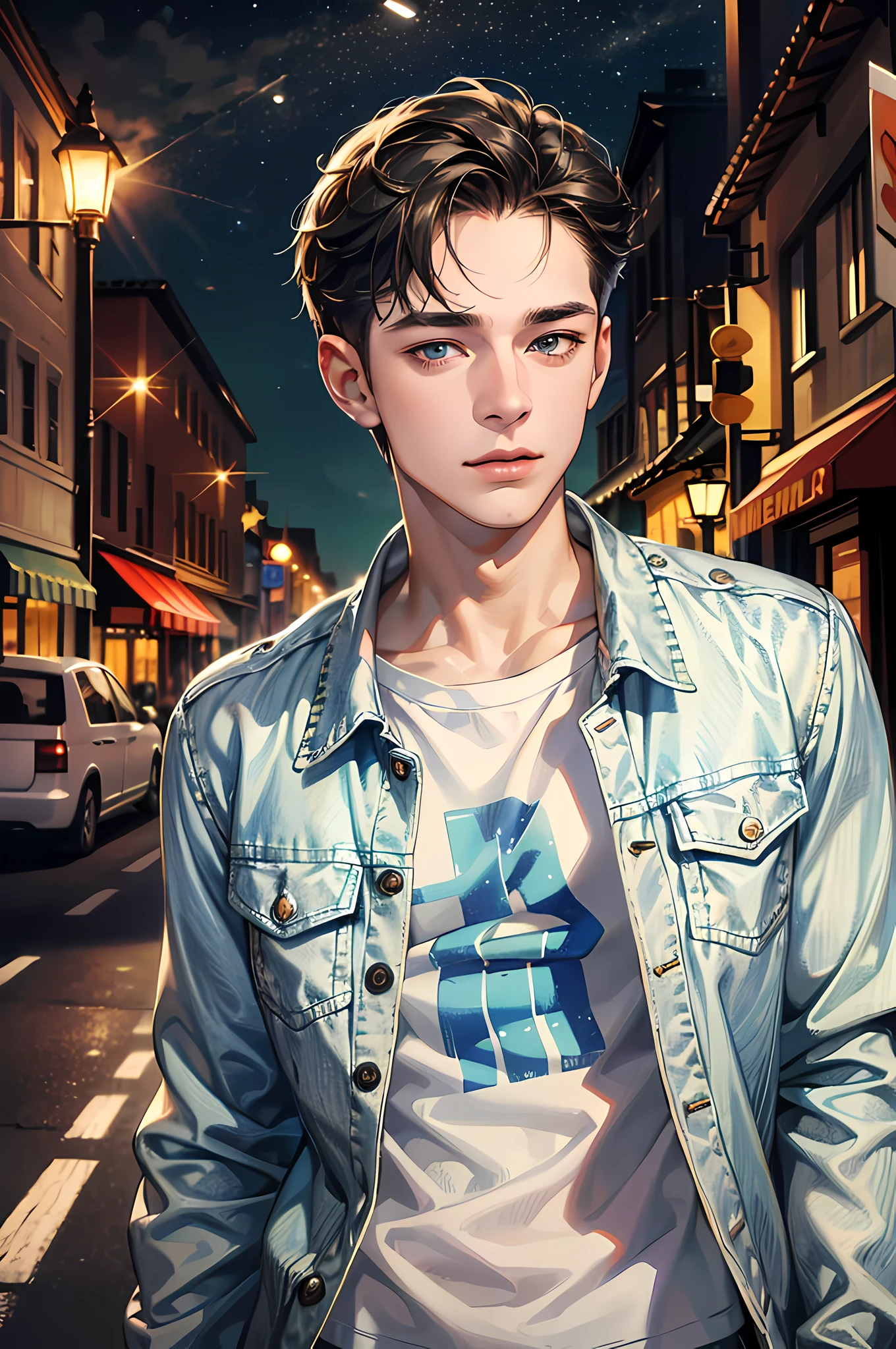 (absurdres, highres, ultra detailed, HDR), masterpiece, best quality, 1boy, handsome, short hair, finely eye and detailed face, (white t-shirt), (jean jacket), dimple, forehead, night street, night city, midnight, selfie shot, light smile