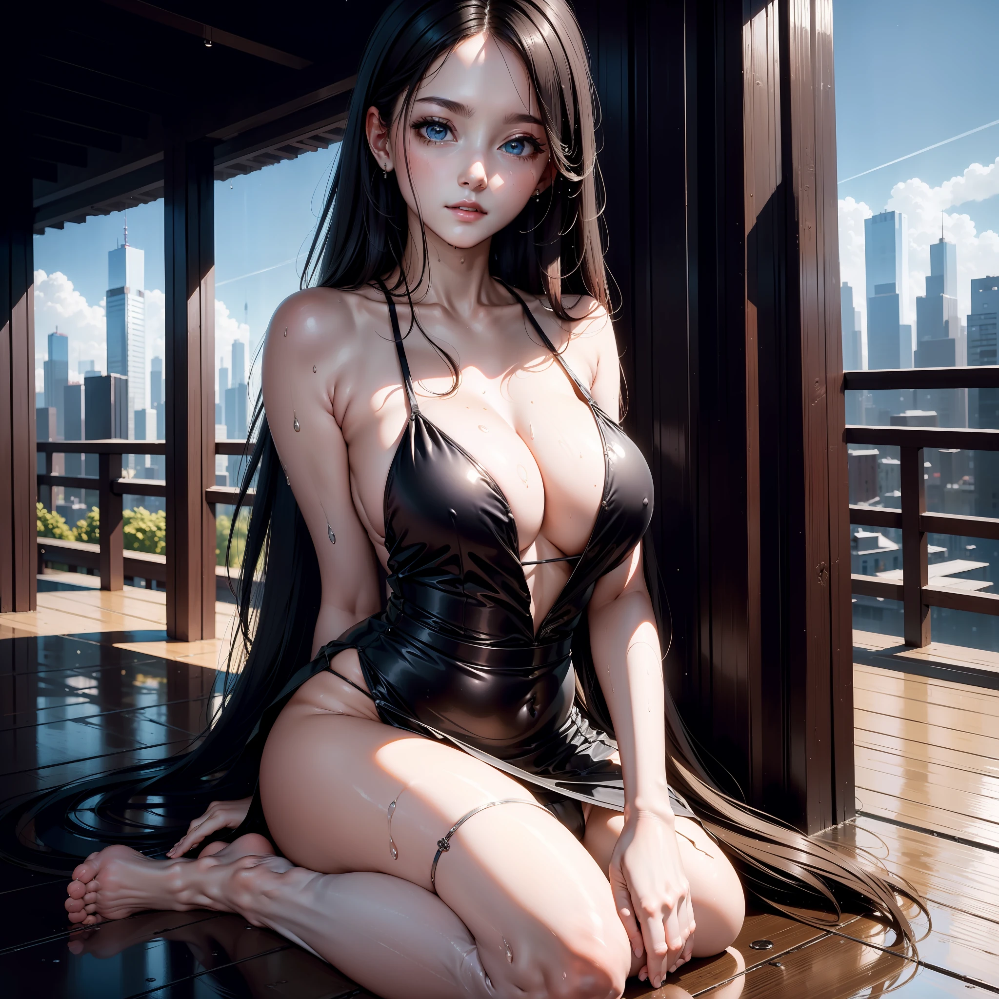 (masterpiece, high quality, highres,Highest picture quality), (Master's work),(close-up:1),from above, from side,
(Depth of field),detailed face,((1loli,a ,solo focus,)),wet black long hair,brown eyes,white dress, (navel:0.8),bare shoulders,bare legs,barefoot,
In the midst of a bustling cityscape, The skyscrapers below her,she appears calm and collected, with an air of quiet confidence about her,wet ground,reflection, reflective floor, starry sky, (wet:0.8),She sat on the edge of a tall watchtower looking out over the city,Foot suspension,